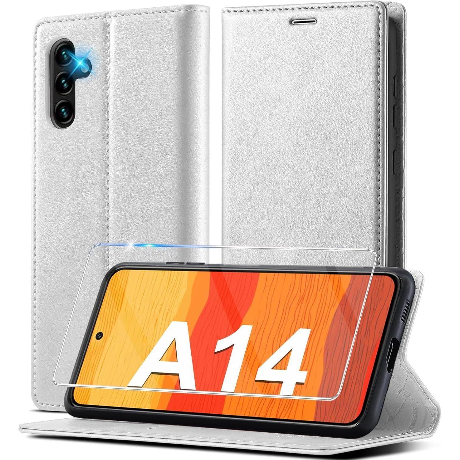 Handyhülle Samsung Galaxy A14 Leder Klappbar Brieftasche Weiß