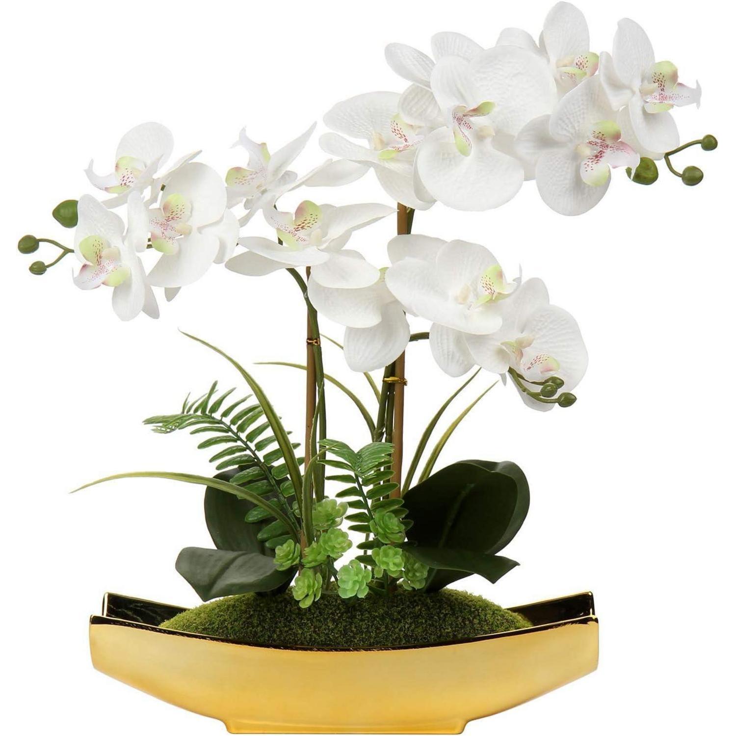 Künstliche Orchidee Phalaenopsis Deko Blumen Tischdeko 38cm Weiß Gold Pot