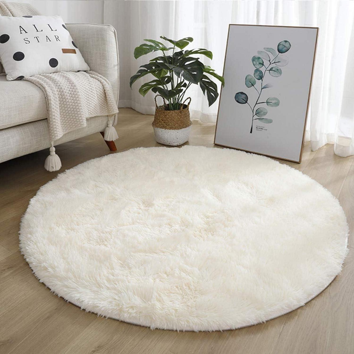Rug Round Shaggy Fluffy Anti Slip Bedroom Living Hallway Weiß 160cm