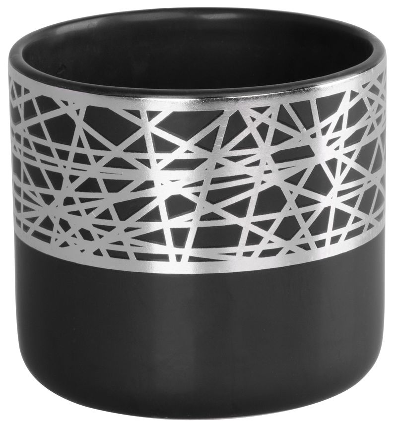 Dekoration Magichome, Blumentopf Mit Silbernem Ornament, Schwarz, Dolomit, 16,8x16,8x14,7 Cm
