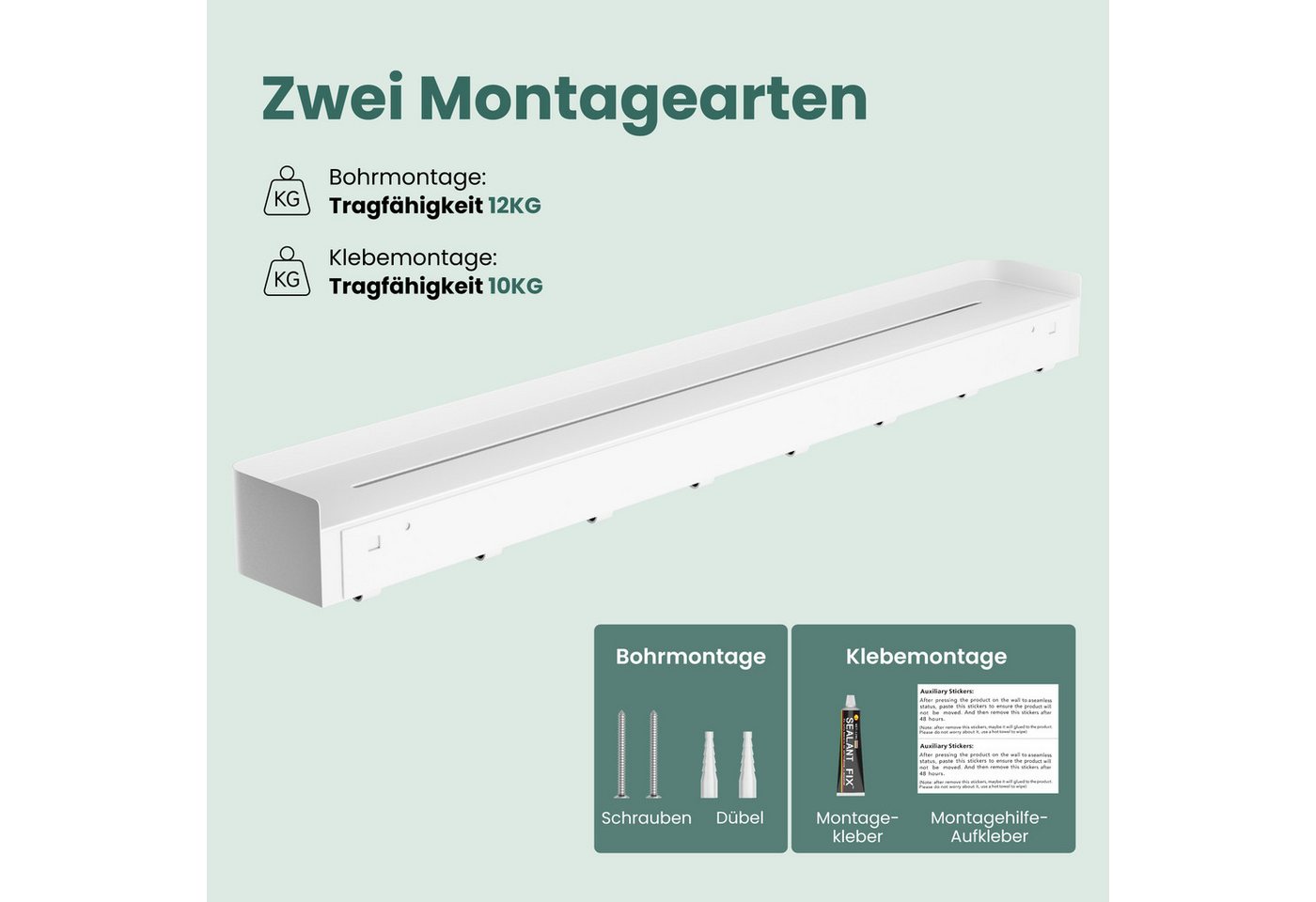 Mai & Mai Wandgarderobe Mit Ablage Und 6 Haken, Garderobenleiste 60 Cm Zur Wandmontage, Kleiderhaken Für Flur, Badezimmer Oder Küche, Multifunktionale Garderobe, Sandweiß Reglo-05 Bild 2