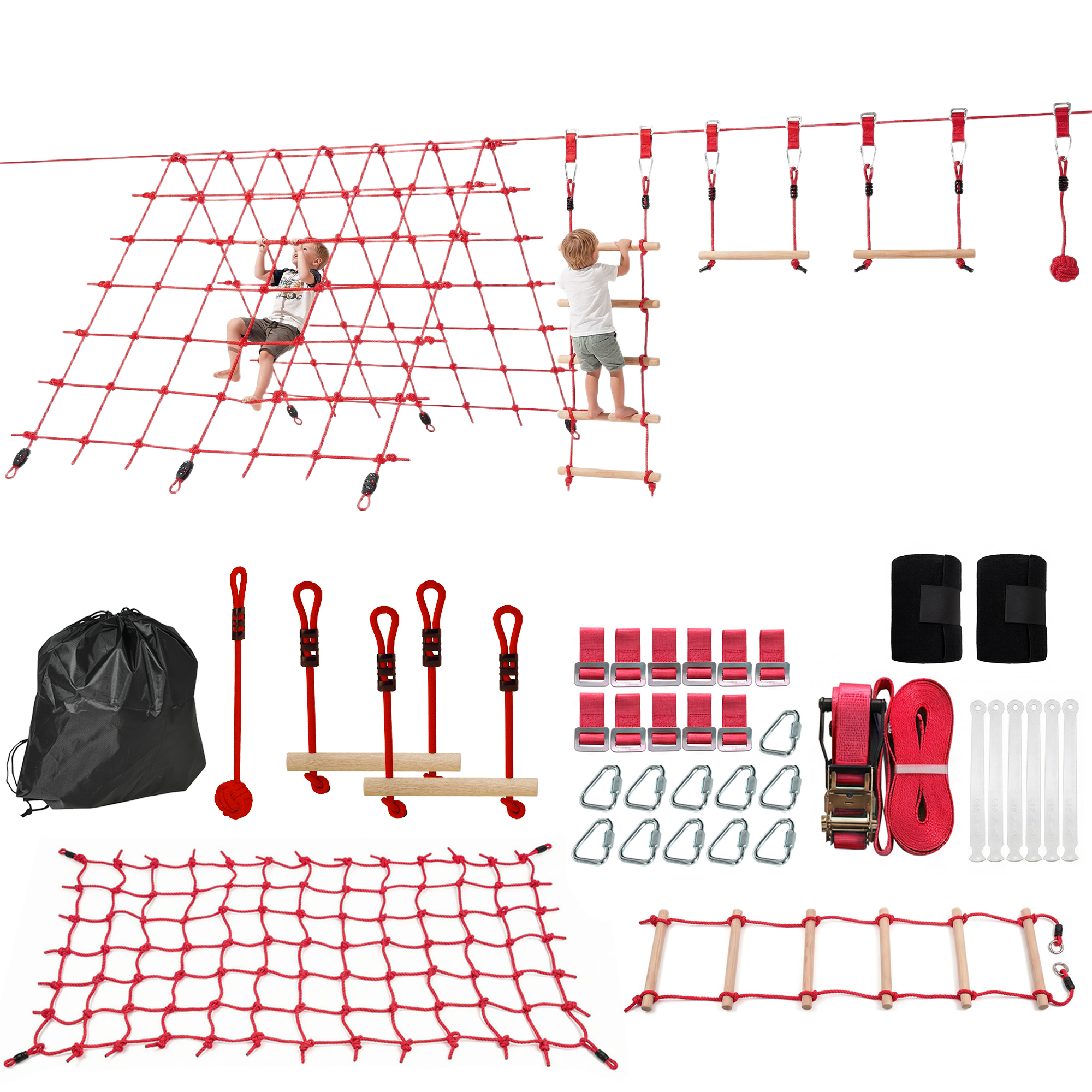 Ninja Line Kinder 10m Slackline Set Mit Turnringe Schaukel Kletterleiter Kletternetz Für 3-6 Jahre 1000x300x180 Cm Rot