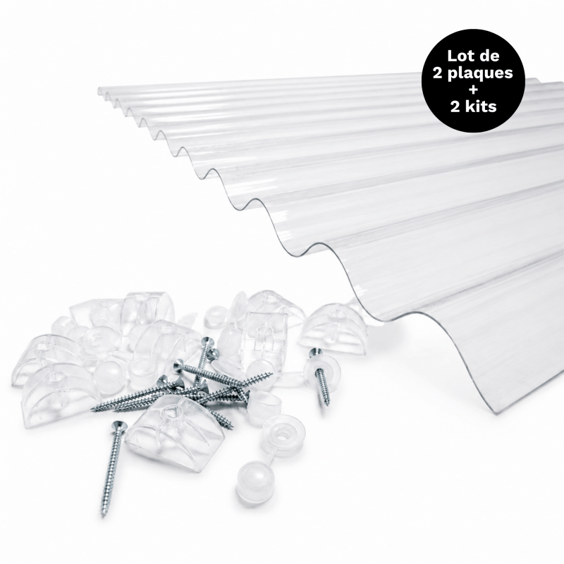 2er-set Well Polycarbonate Platten Po 76/18 + 2 Befestigungs-sets - Transparent, 90x200 Cm