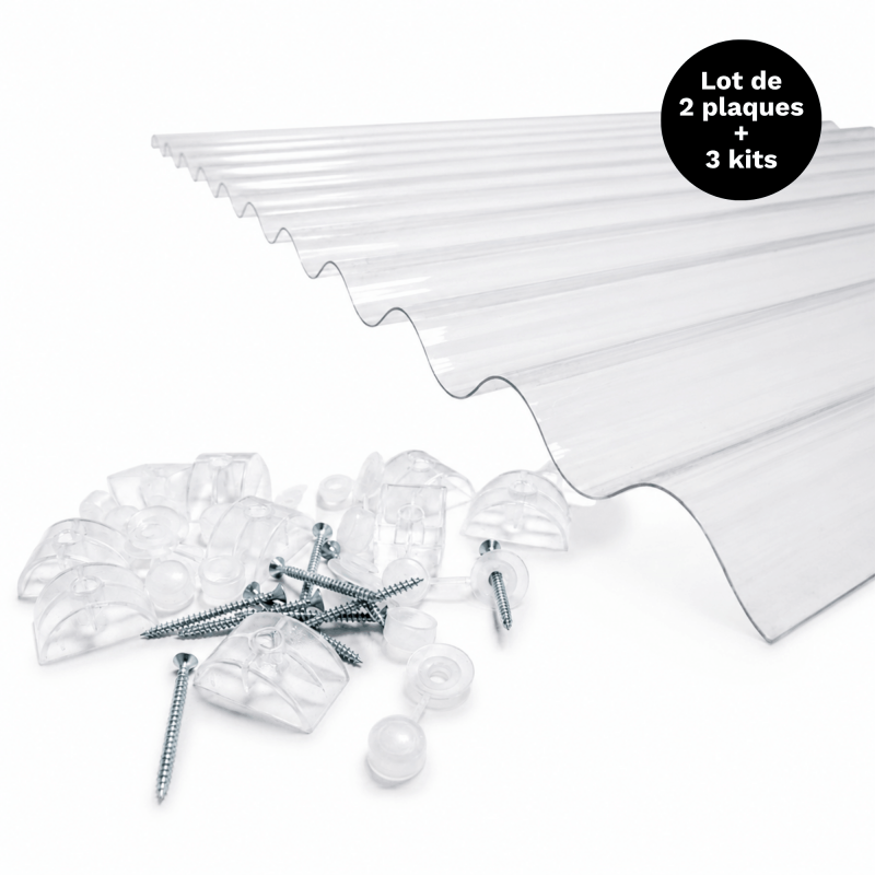 2er Set Wellplatten Polycarbonat Po 76/18 - 90x250 Cm - Lichtdurchlässig - Inkl. 3 Befestigungs-sets