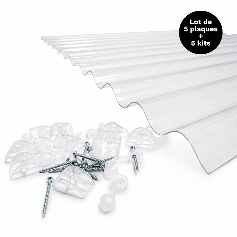 5er-pack Wellplatten Polycarbonat 76/18 + 5 Befestigungs-sets - Transparent, 90x200 Cm