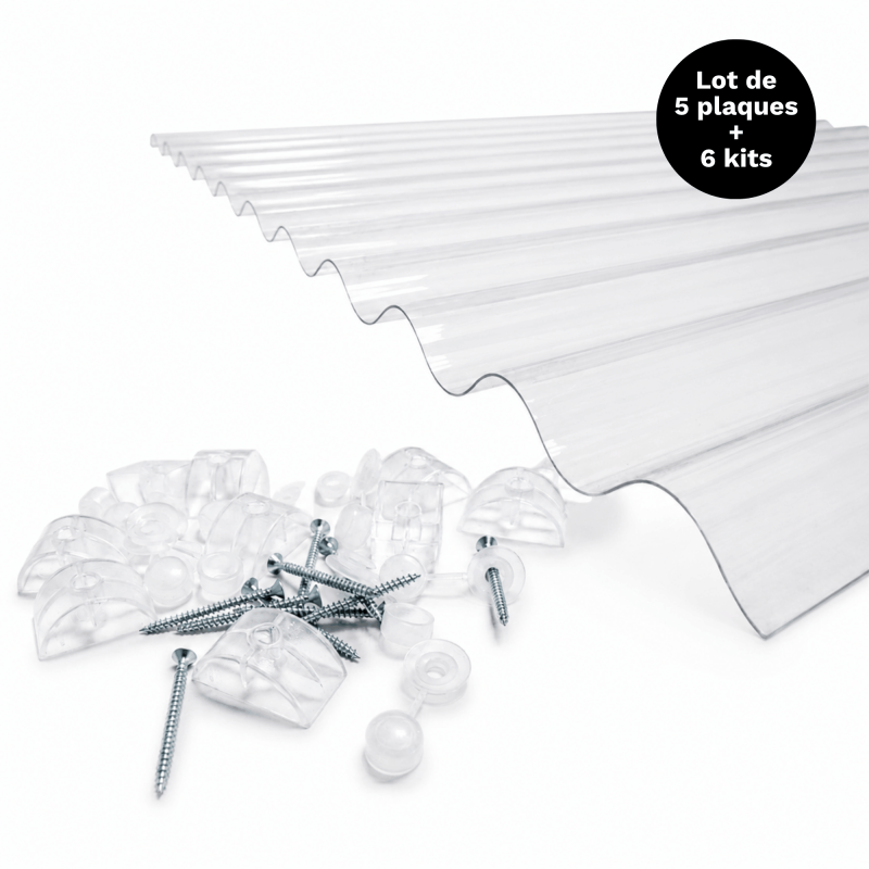 5er-pack Well Polycarbonate Platten Po 76/18+ Mit 6 Befestigungs-sets - Transparent, 90x250 Cm
