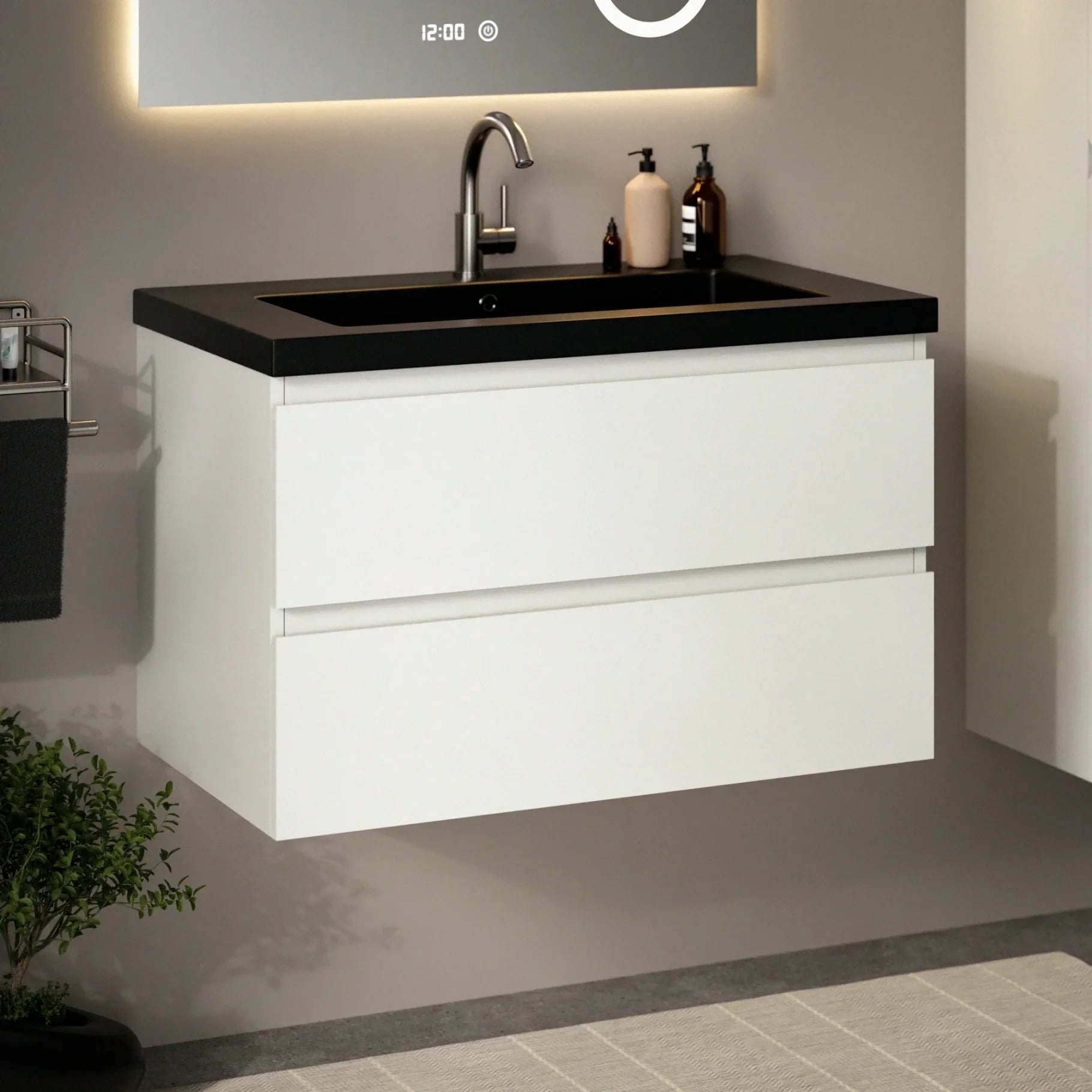 Sova Badezimmermöbel Weiß Mit Schwarzem Keramikwaschbecken 80 Cm – Wandhängender Waschtischunterschrank – Schubladen Mit Soft-close-funktion – Feuchtigkeitsbeständig – Pflegeleichte Oberfläche – Großz