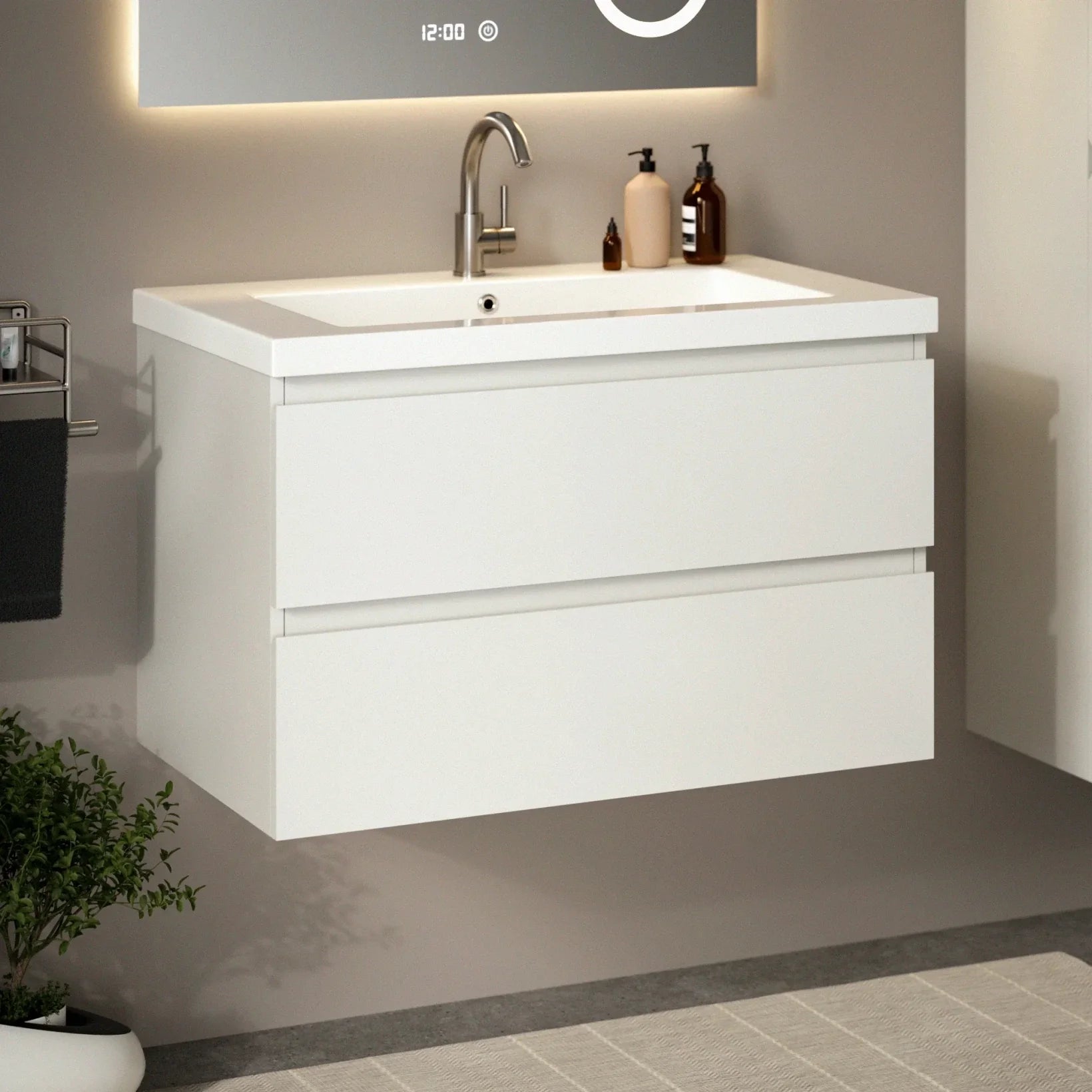 Sova Badezimmermöbel Weiß Mit 80 Cm Breitem, Wandhängendem Waschtisch Mit Keramikwaschbecken – Schubladen Mit Soft-close-funktion – Feuchtigkeitsbeständig – Pflegeleichte Oberfläche – Großzügiger Stau