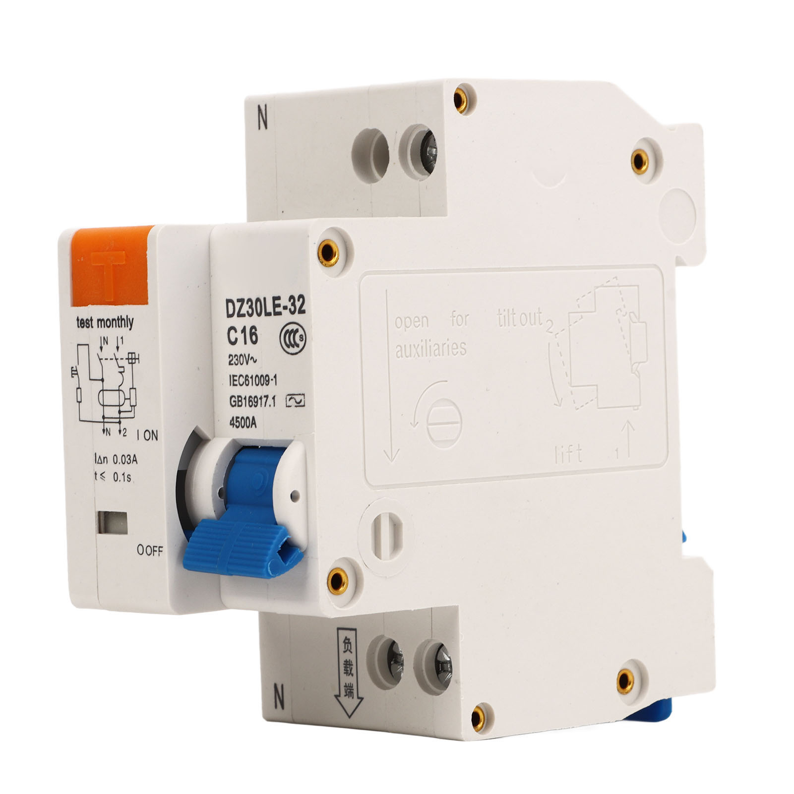 16a 230v 1p+n Fehlerstromschutzschalter, Überlast- Und Erdschlussschutz, Für Din-schienenmontage.