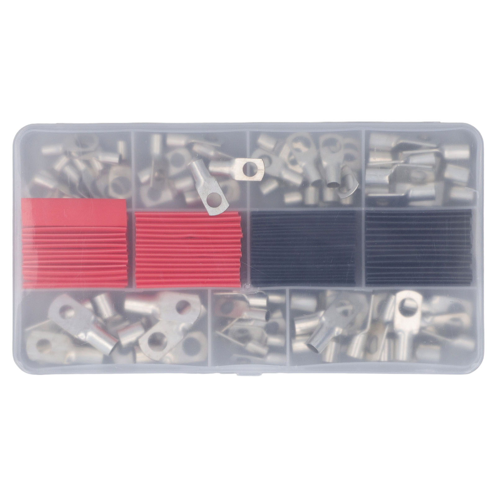 Set Mit 140 Roten Kupferringklemmen Für Batterieanschlüsse Und Kabellötarbeiten, Inklusive Schrumpfschlauch Und Blanken Ringkabelschuhverbindern.