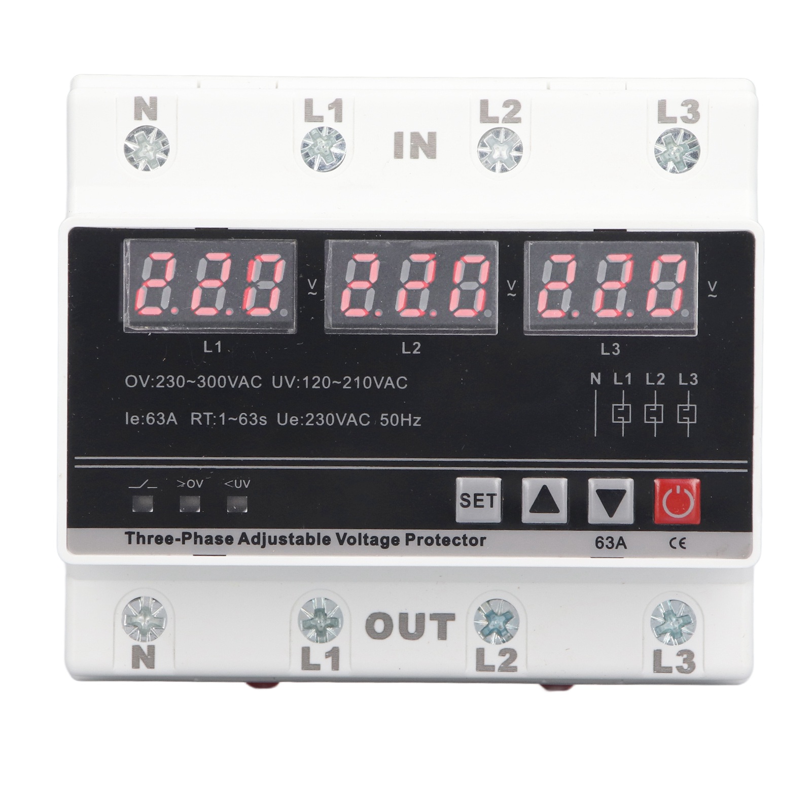 Einstellbarer Dreiphasiger Schutz 63a, Über-/unterspannungs- Und Stromschutzschalter, Din-schienenmontage Ac120v-300v.