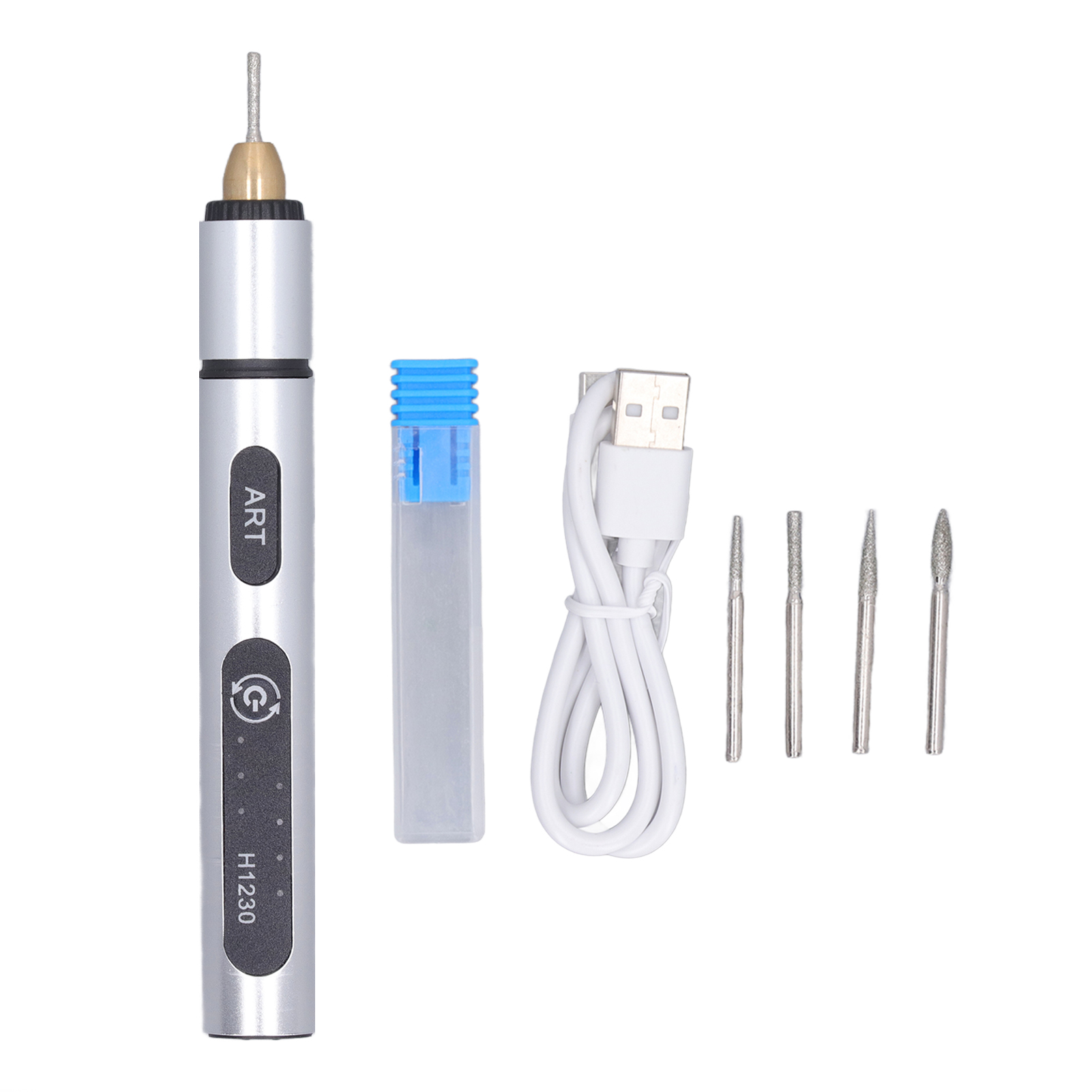 Elektrischer 5v-gravierstift In Silber, Mini-handgerät Aus Aluminiumlegierung, Usb-aufladbar, 4-teiliges Set Mit Gravierspitzen