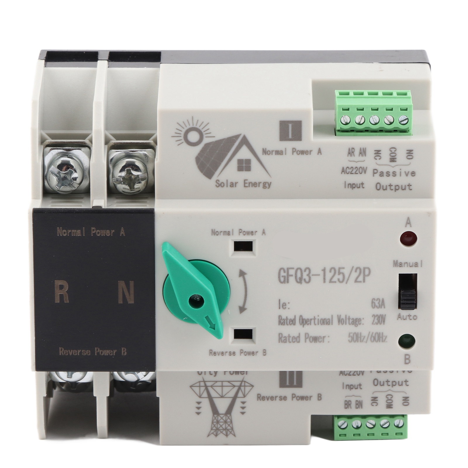 Automatischer Zweiphasiger Umschalter 63a, 230v Ac 50/60hz, Millisekunden-schnellschalttimer, Duale Pv/netz-stromversorgung.