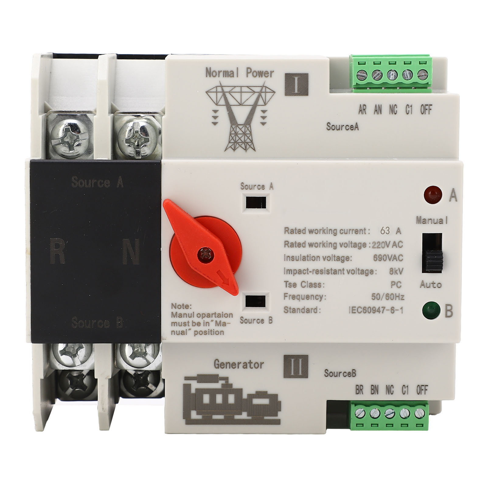 2p 63a Ac220v Automatischer Zweiphasen-umschalter, Flammhemmend, Für Duale Stromquelle Und Generator, Robustes Schaltverhalten.