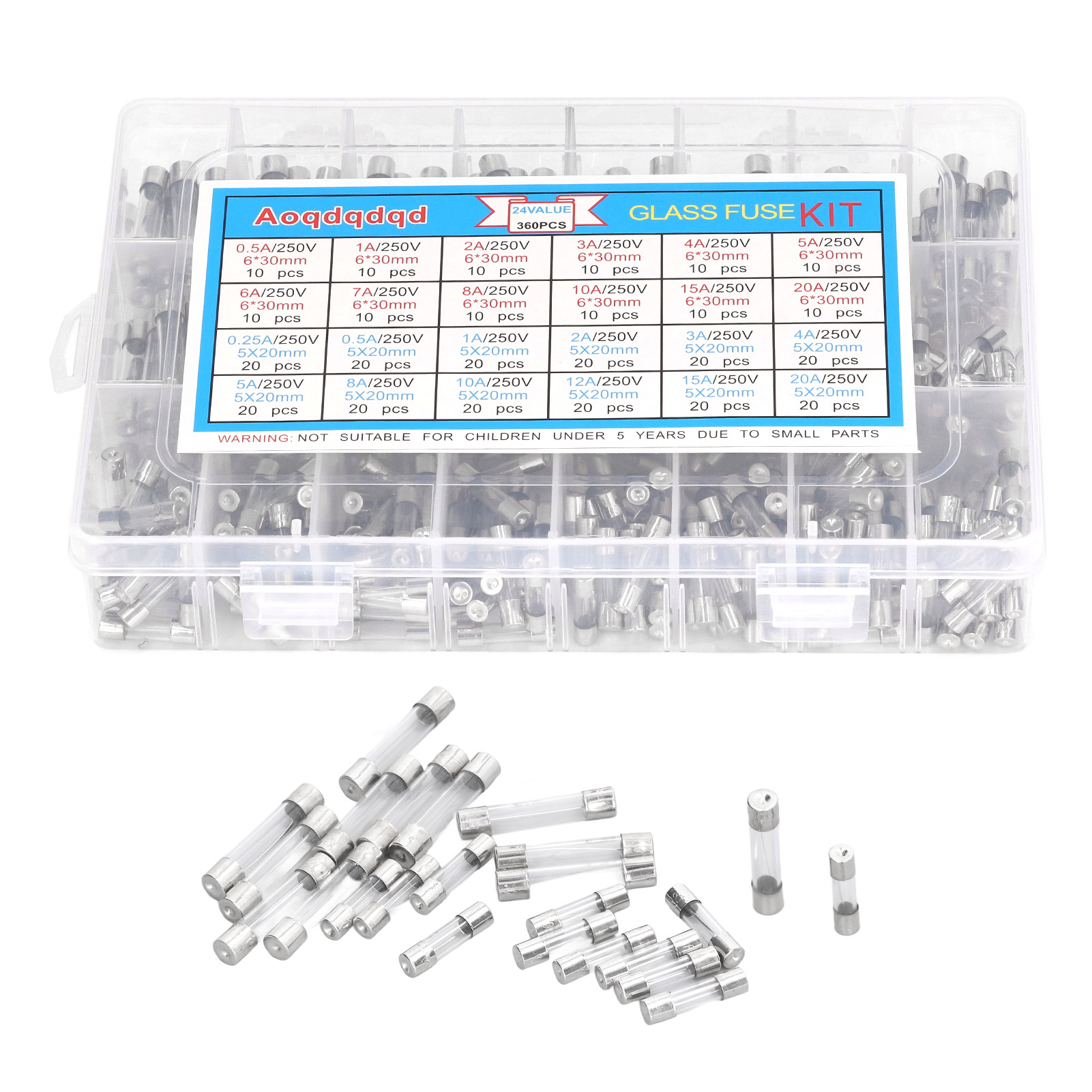 Konvolut Mit 360 Glassicherungen (6x30 Mm, 5x20 Mm, 0,25 A–20 A), 24 Verschiedene Arten Von Leitungsschutzschaltern