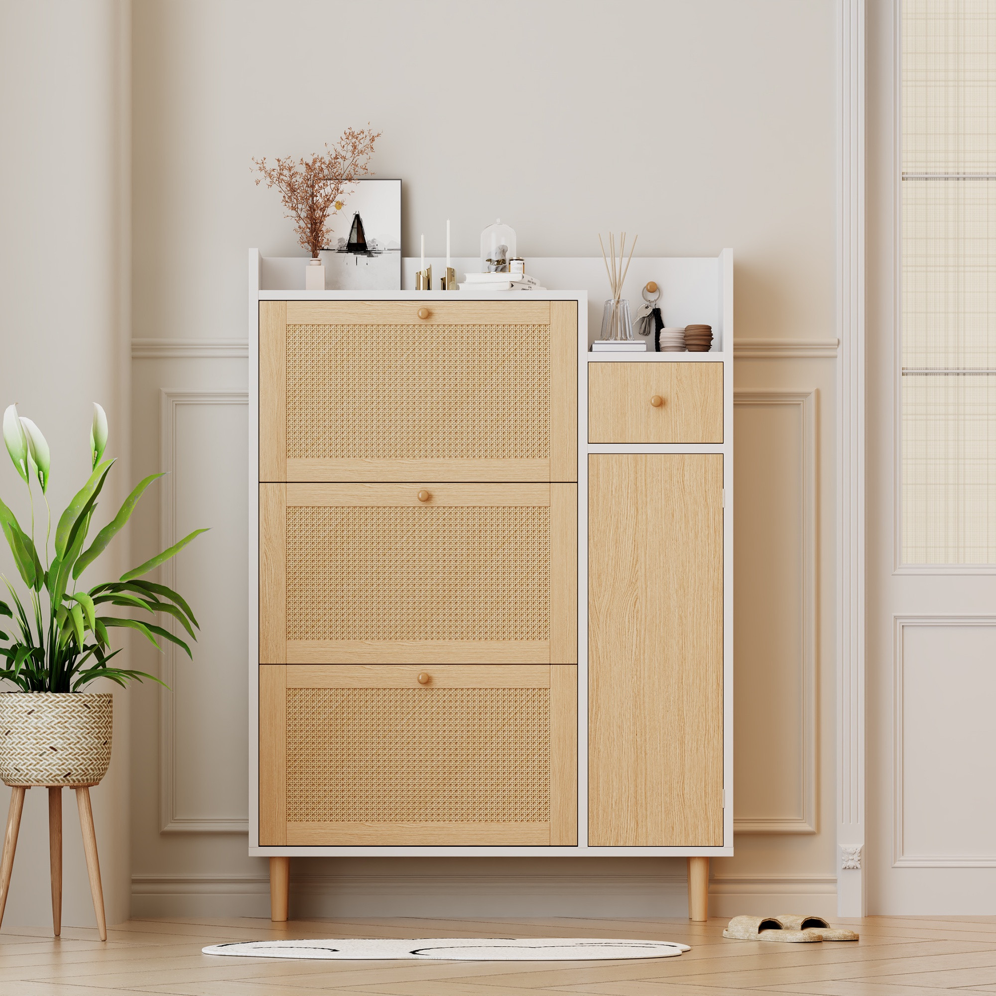 Schmaler Schuhschrank, B90xh125xt17 Cm, Aufbewahrungsschrank Für Schmale Eingänge Und Flure, Holzoptik Mit 3 Klapptüren Und 1 Schublade, Natur Und Weiß