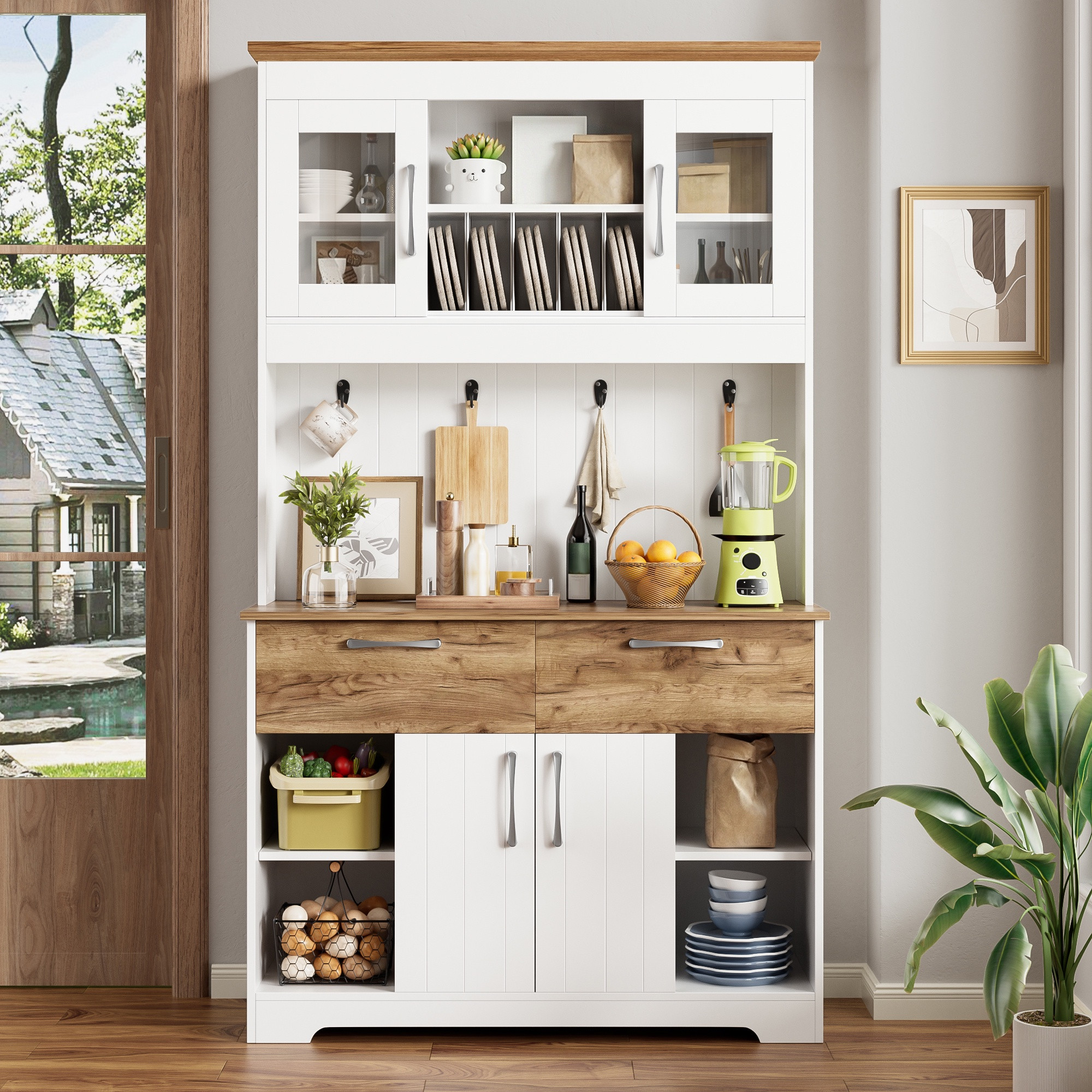 Küchenhochschrank, 106 X 39 X 176,5 Cm, Stauraumschrank Für Küche Und Esszimmer Mit Vitrinenfach, Schubladen Und Haken, Weiß Und Natur