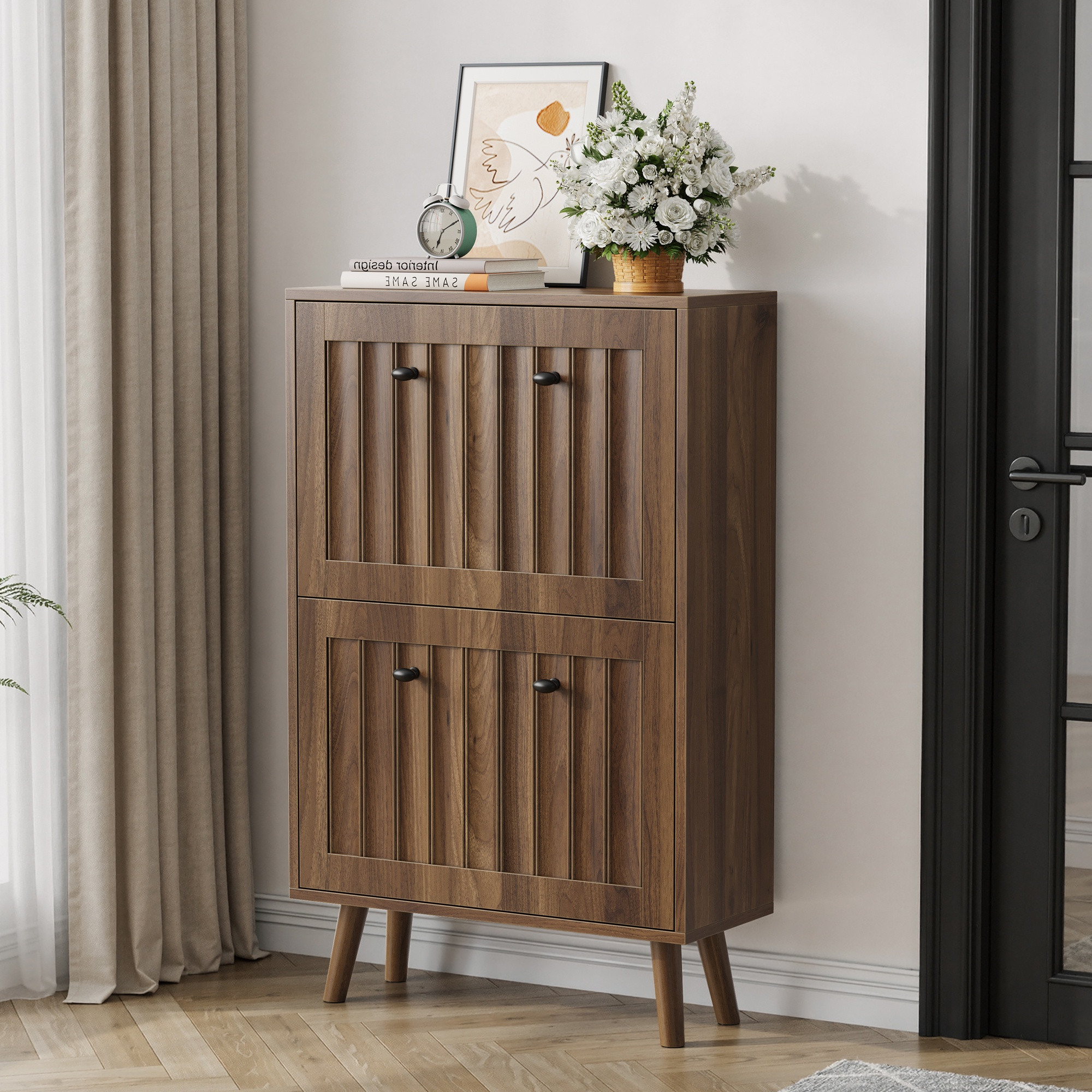Schuhschrank, 60x24x95 Cm, Platzsparende Schuhaufbewahrung Für Eingang Und Flur, Holz-aufbewahrungsschrank Mit 2 Klapptüren, Walnuss