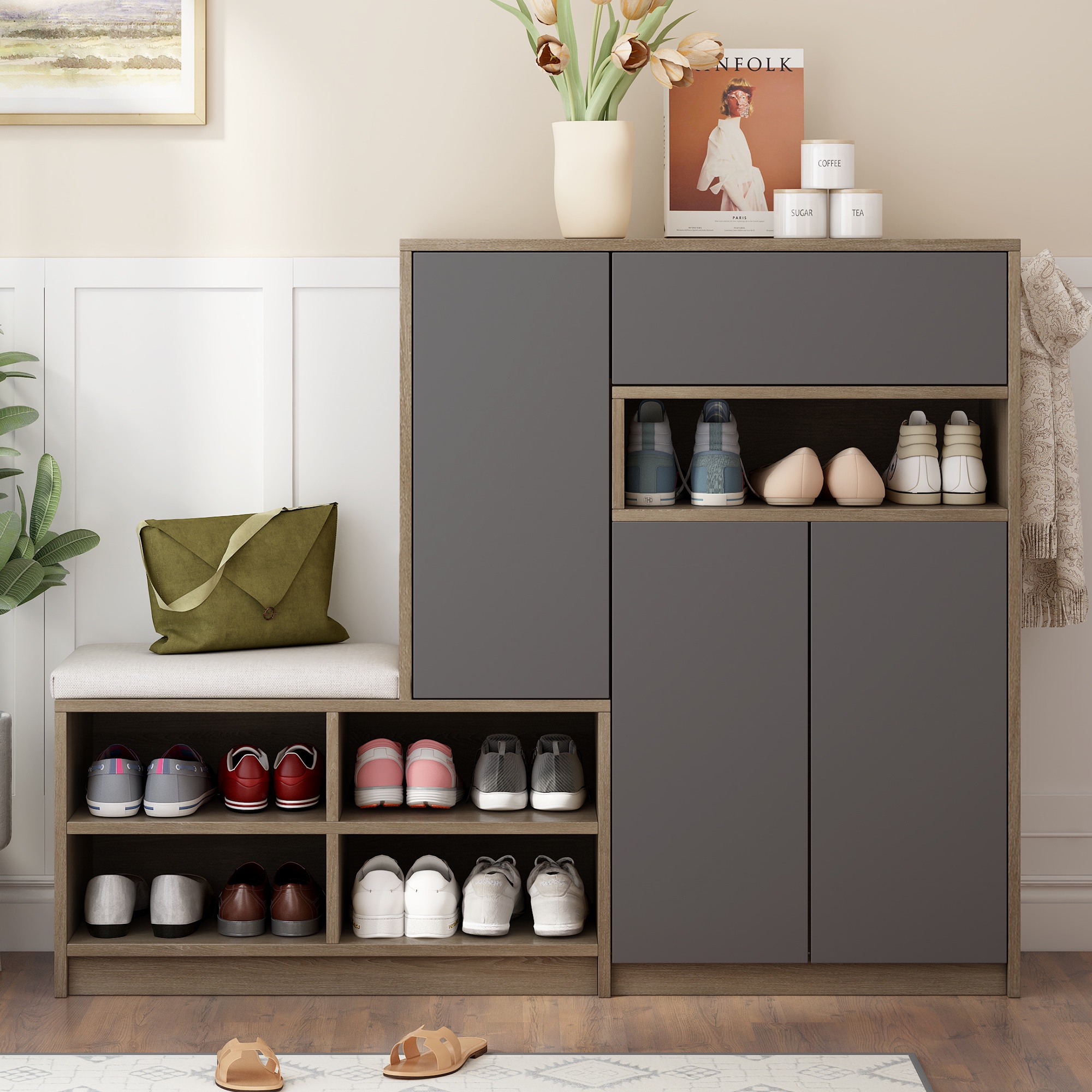 Schuhschrank Mit Sitzbank, 140x35x110 Cm, Großer Stauraum Für Den Eingangsbereich Mit Gepolsterter Sitzfläche, Spanplatten, Grau