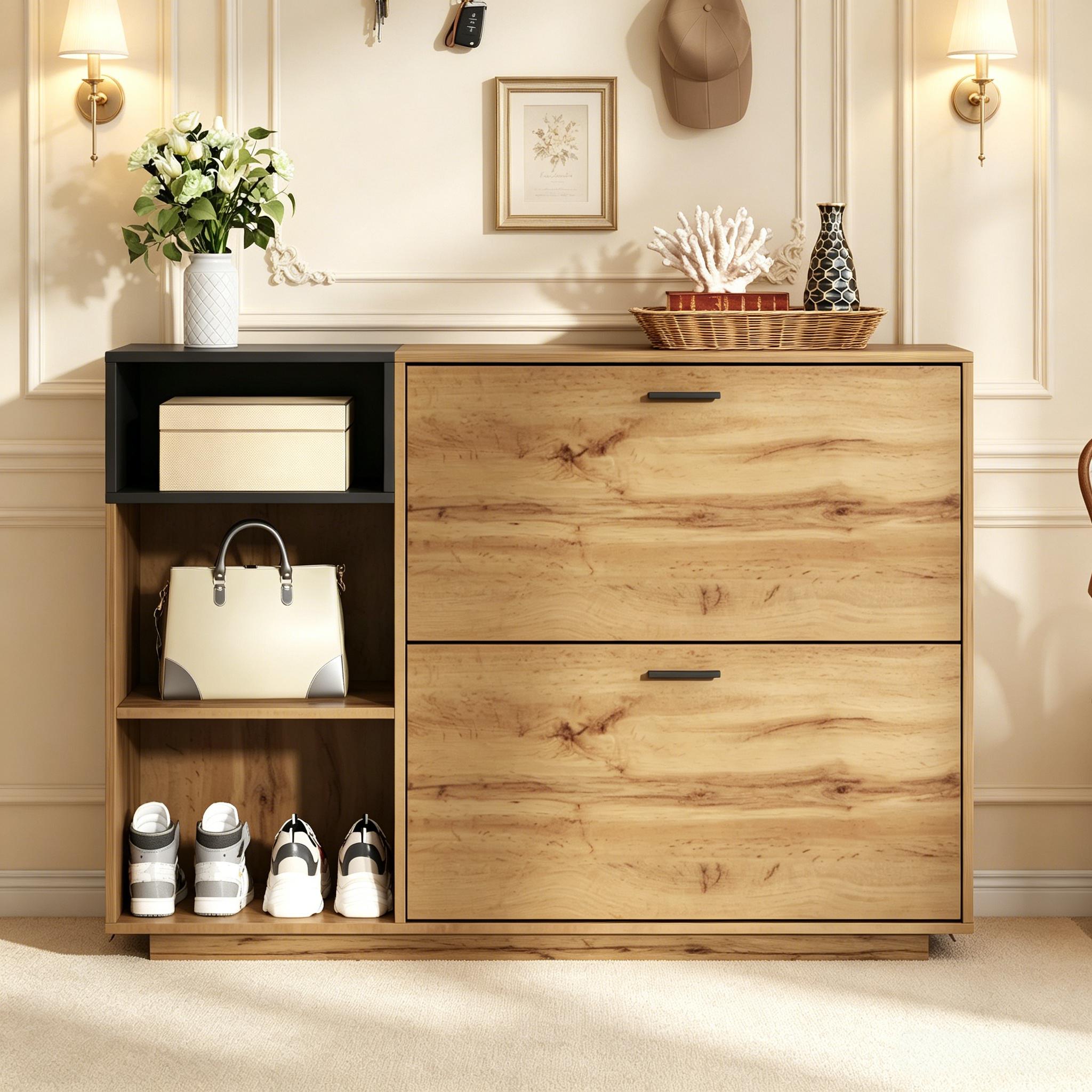 Schuhschrank, 120x32x84,5 Cm, Platzsparende Schuhaufbewahrung Für Den Eingang, Mdf Mit 3 Offenen Fächern Und 2 Klapptüren, Natur Und Schwarz