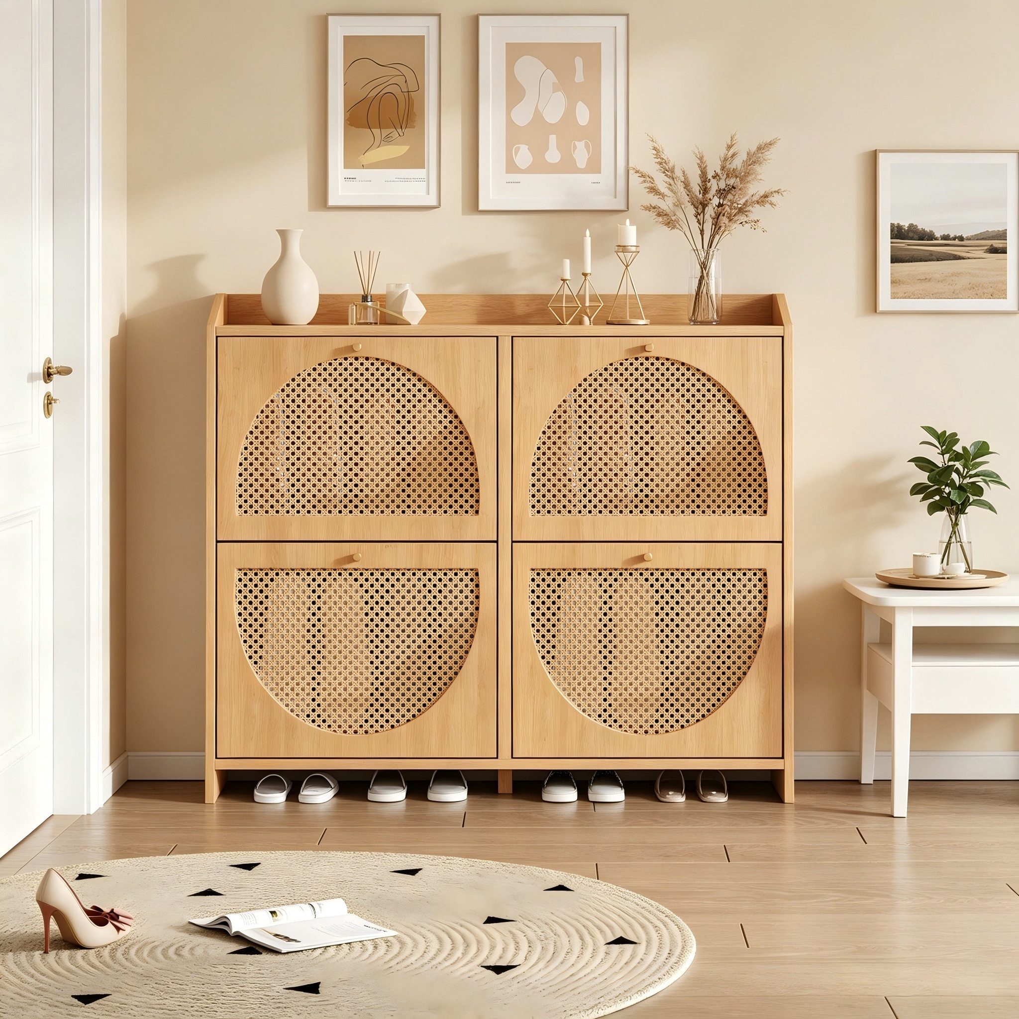 Platzsparender Schuhschrank, 120x24x90 Cm, Schuhaufbewahrung Für Den Eingang, 4 Klapptüren, 8 Fächer Und 2 Haken, Natur