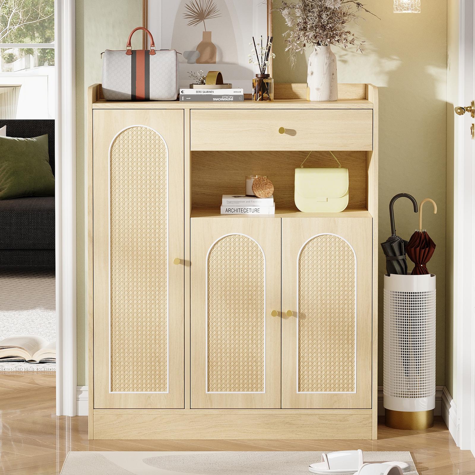 Rattan Schuhschrank, 90x35x110 Cm, Aufbewahrungsschrank Für Eingang Und Flur, Sideboard Mit 1 Schublade Und 3 Türen Mit Verstellbaren Einlegeböden, Natur