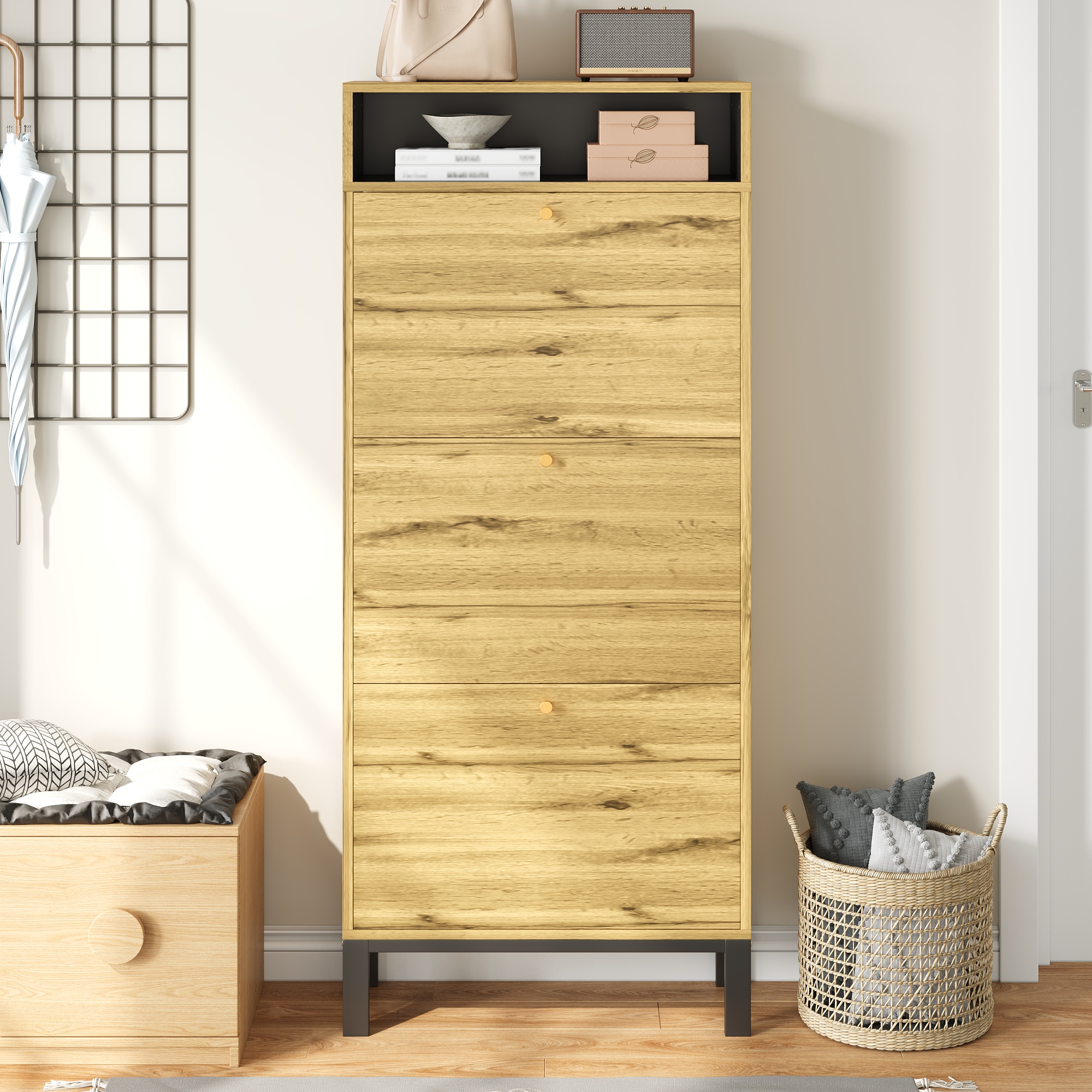 Schuhschrank Mit Offenen Fächern, 147 Cm, Platzsparendes Aufbewahrungsregal Für Den Eingangsbereich, Nordischer Japandi-stil Aus Mdf Und Metall Mit 3 Klappen, Natur