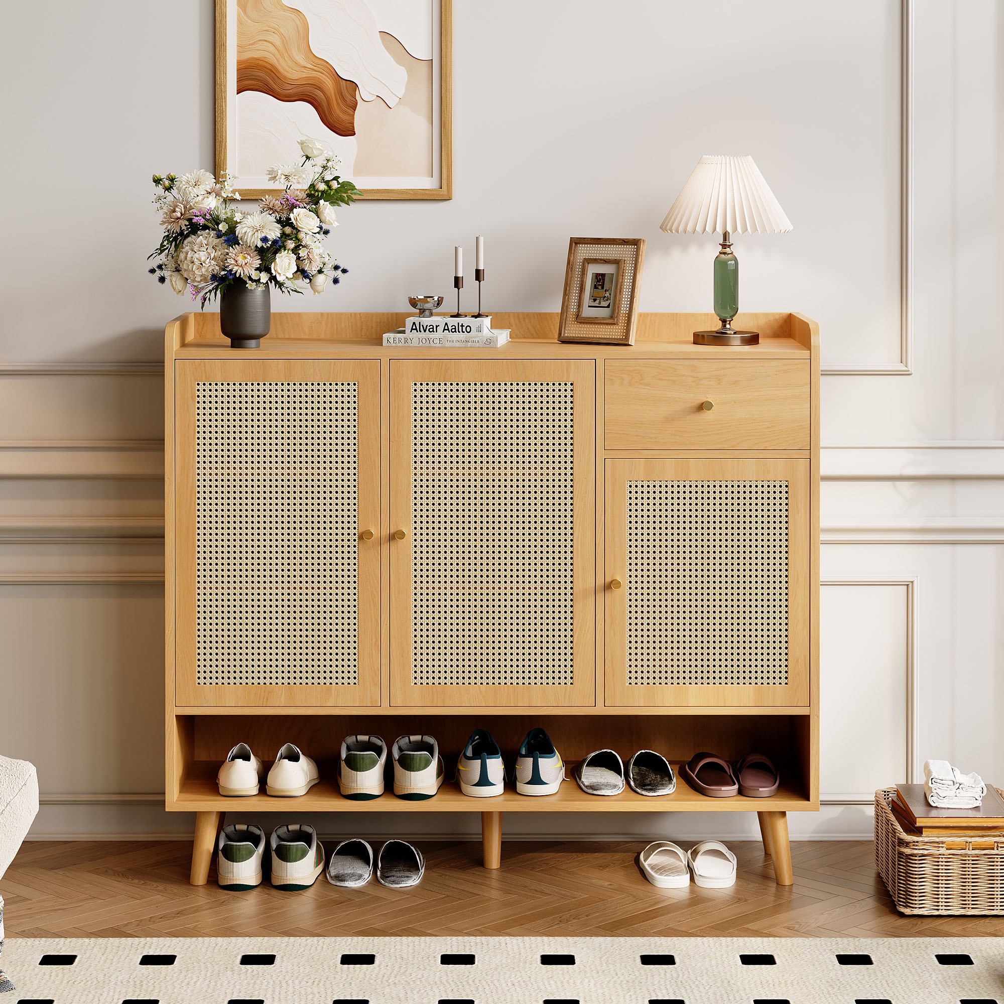 Schuhschrank, Platzsparender Aufbewahrungsschrank Für Eingang Und Flur, Boho-stil Aus Natürlichem Rattan Mit 3 Türen, 1 Schublade Und Füßen, Natur