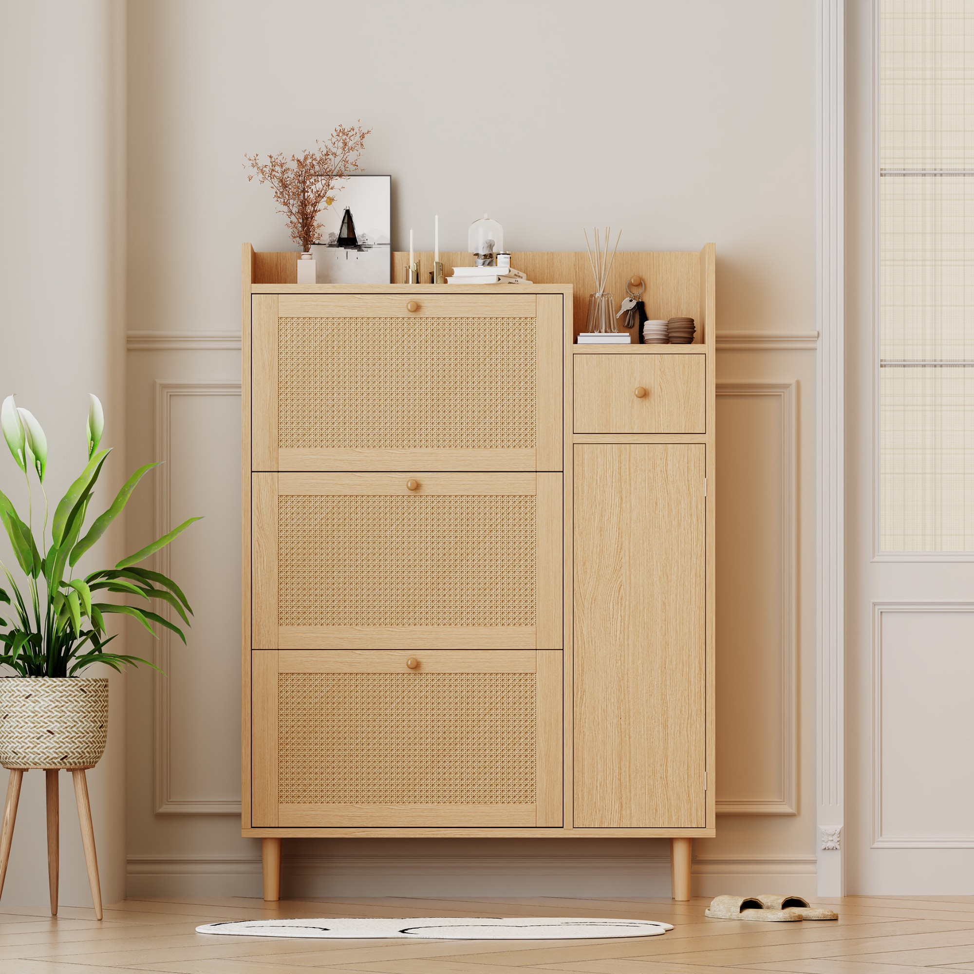 Rattan Schuhschrank, B90xh125xt17 Cm, Platzsparender Flurschrank Für Schmale Eingänge, 3 Klapptüren Und 1 Schublade Mit Füßen, Natur