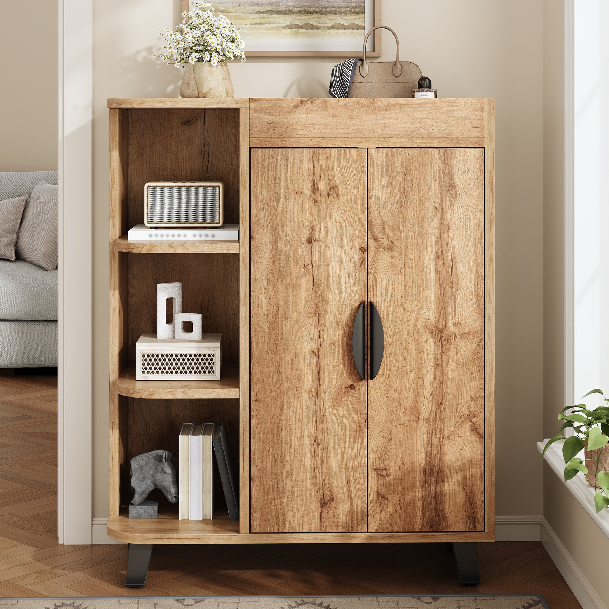 Schuhschrank, 80x32x99 Cm, Aufbewahrungsschrank Mit Türen Und Offenen Regalen Für Eingang Und Flur, Spanplatte Im Natürlichen Stil, Natur