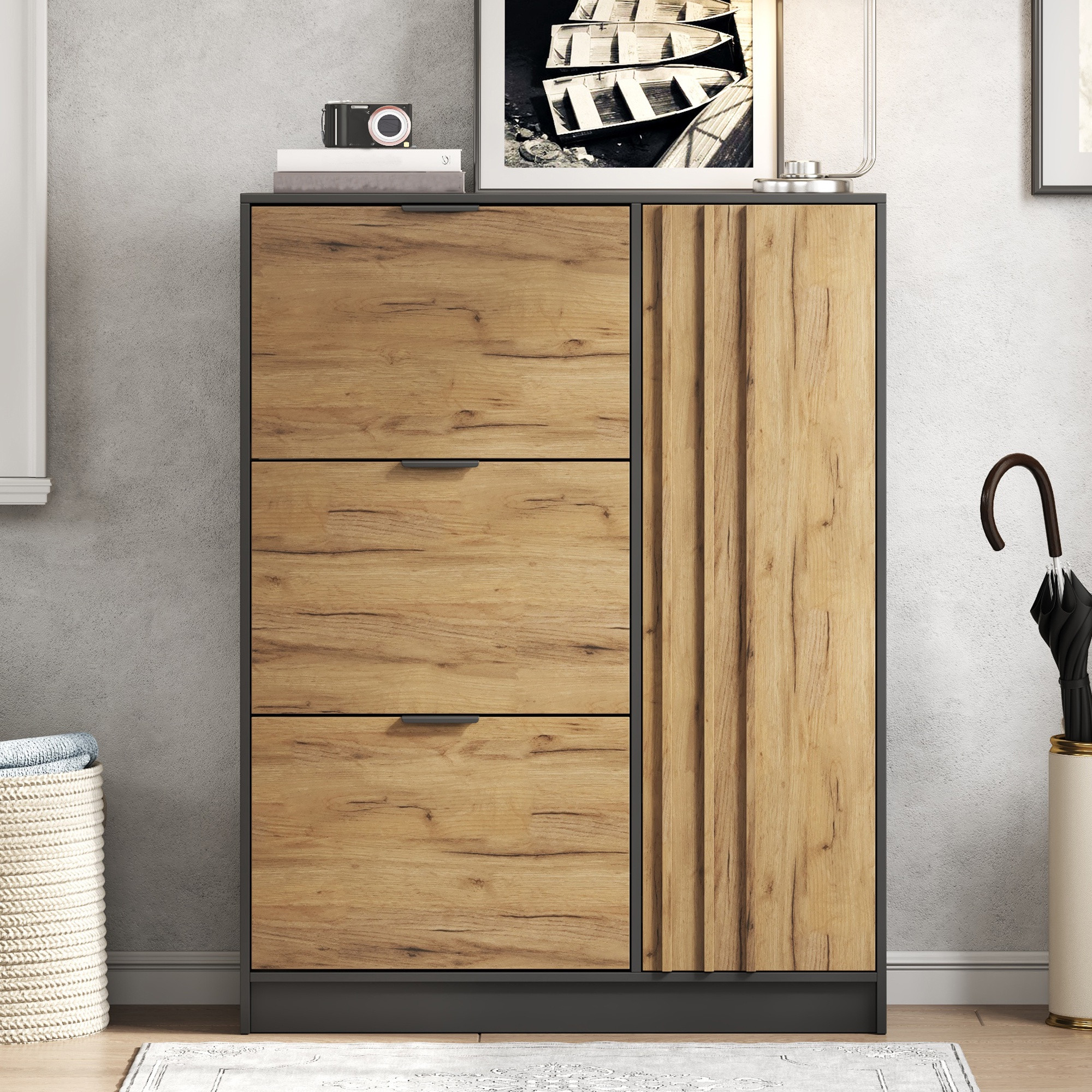 Schuhschrank, 100x30x130 Cm, Platzsparende Aufbewahrung Für Eingang Und Flur, Mit 3 Klapptüren Und 1 Schrankfach, Natur Und Schwarz