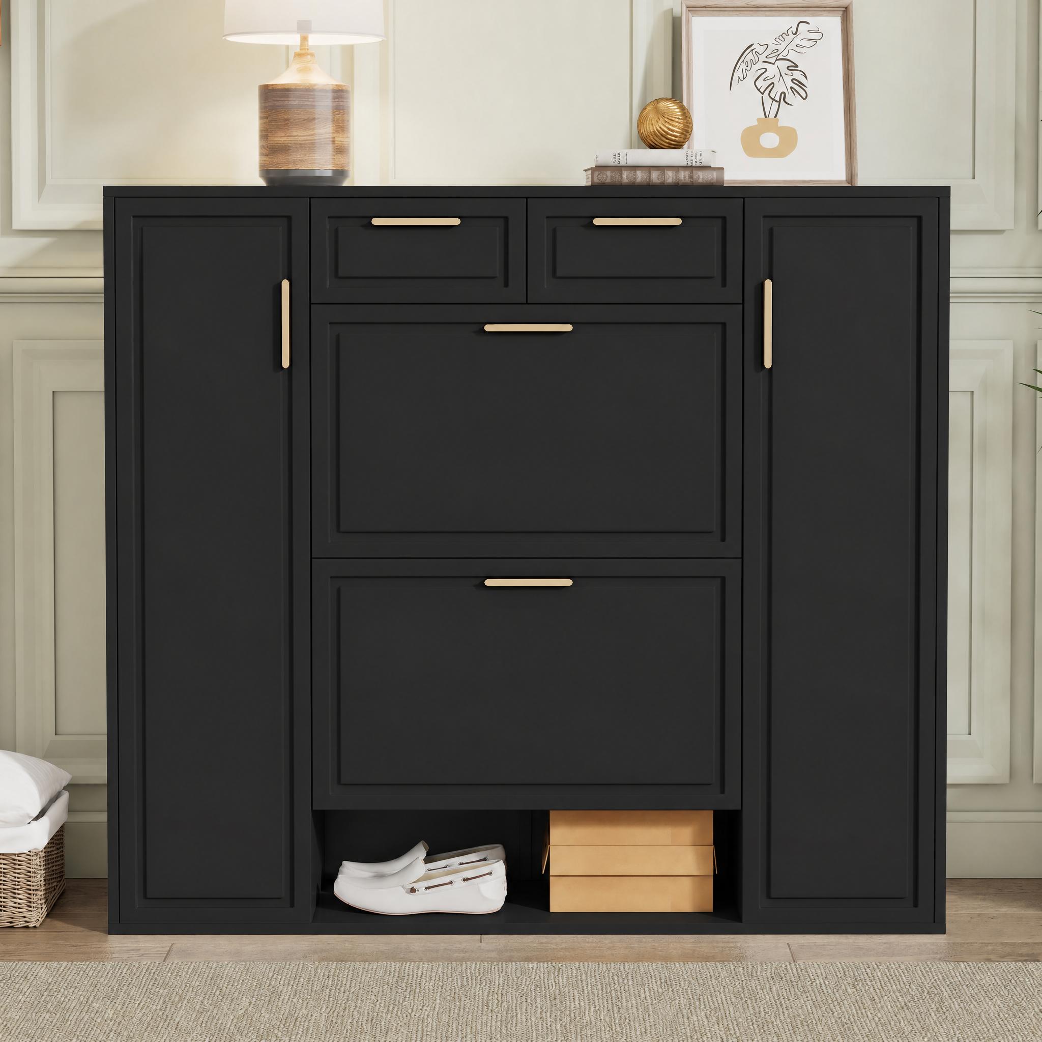 Schuhschrank, 120x24x107 Cm, Platzsparender Eingangsschrank Mit 2 Klapptüren Und 2 Schubladen, Mit Goldenen Griffen, Schwarz