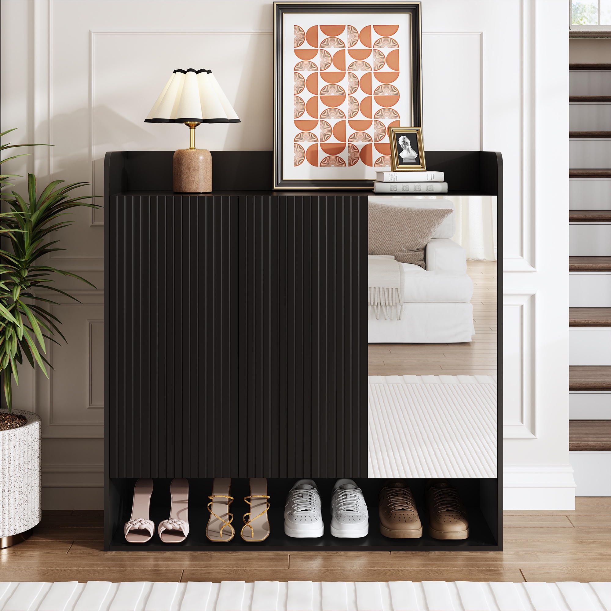 Schuhschrank, 110x35,5x110 Cm, Dielenschrank Mit Ganzkörperspiegel Und Türen Mit Vertikaler Rillenoptik, Mit Verstellbaren Einlegeböden, Schwarz