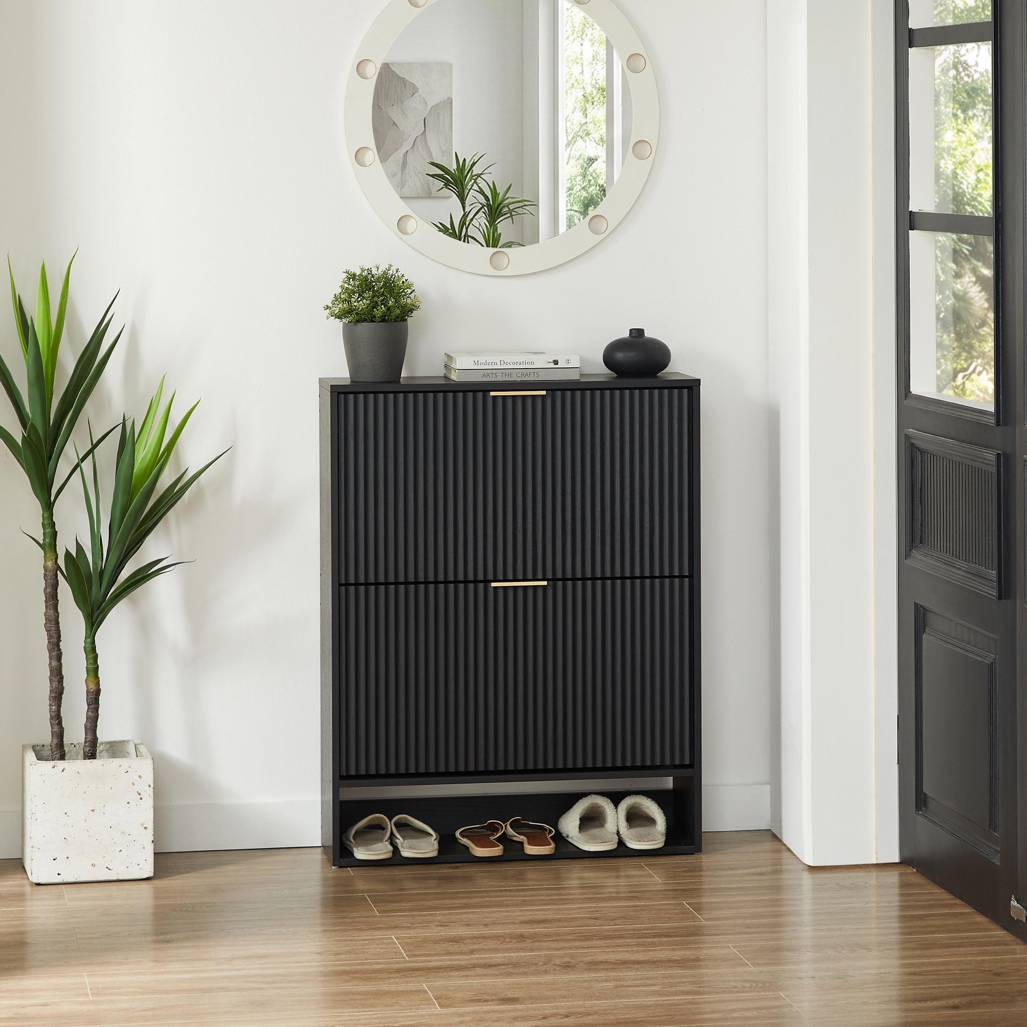 Schuhschrank, 80x24x102 Cm, Platzsparender Schrank Für Eingang Und Schmalen Flur, Modernes Mdf Mit Geriffelter Front Und Verstellbaren Einlegeböden, Schwarz