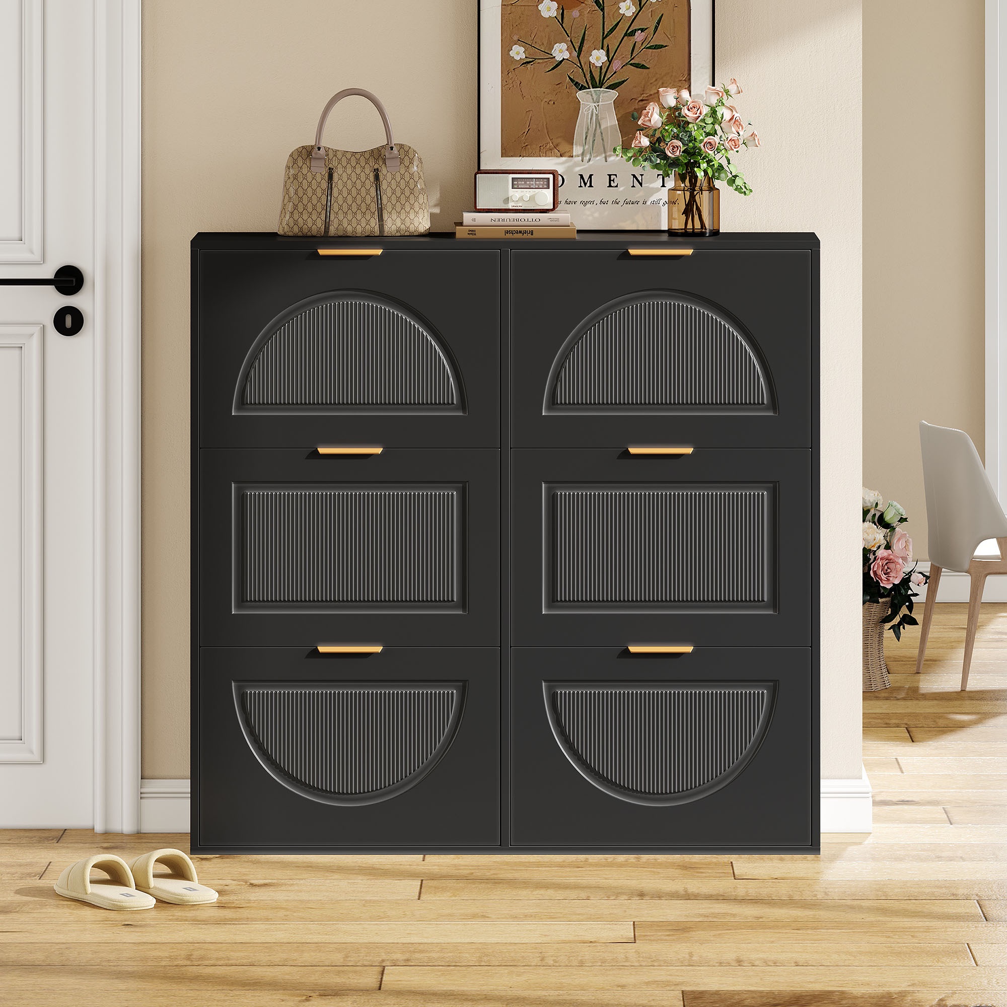 Großer Schuhschrank, B118xh115xt25 Cm, Platzsparendes Stauraummöbel Für Den Eingangsbereich, Mit 6 Doppellagigen Klappen Und Ablage, Schwarz