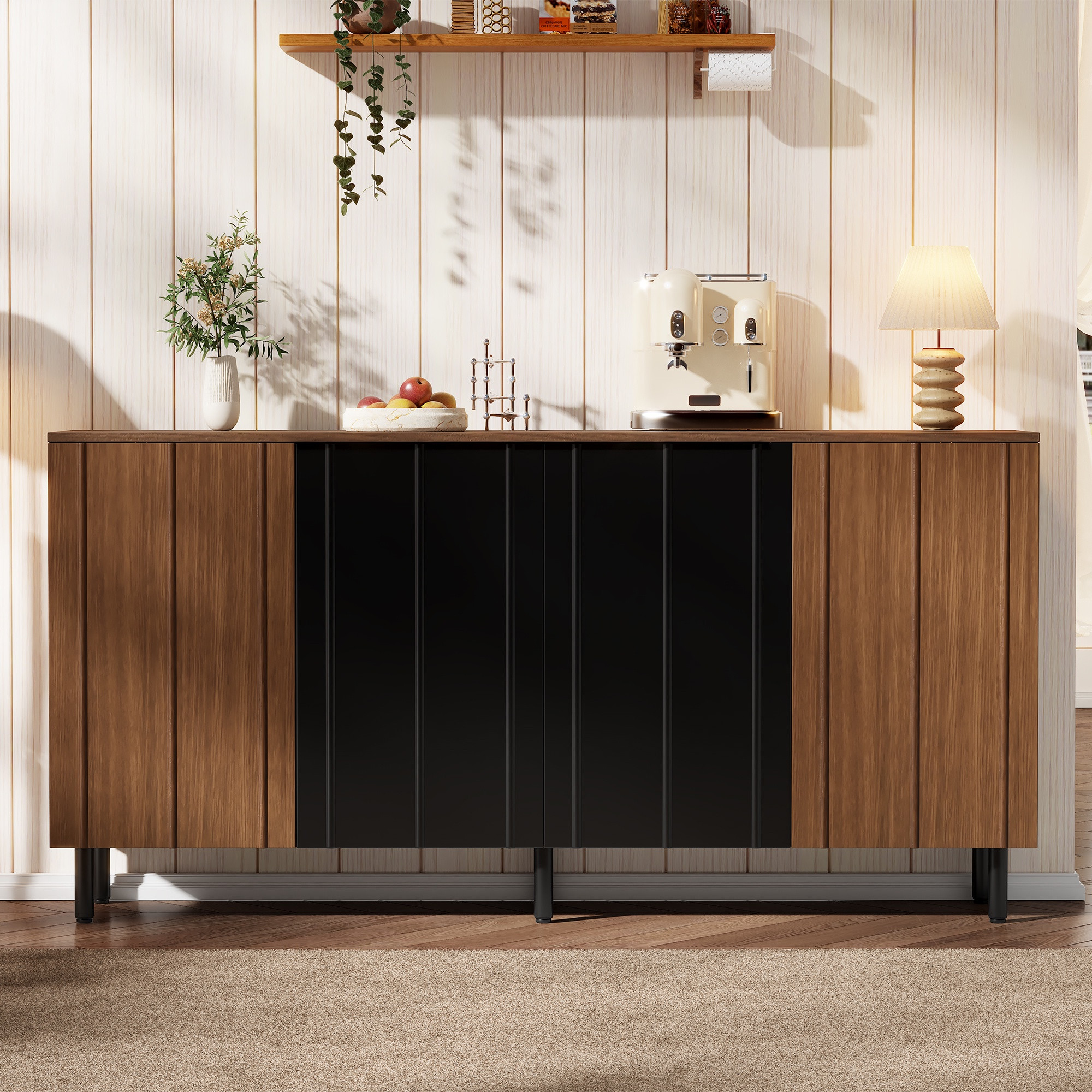 Küchen-sideboard, 160x35x80 Cm, Lowboard Für Esszimmer, Holz Und Metall Mit 4 Geriffelten Türen Und Verstellbaren Einlegeböden, Walnuss Und Schwarz