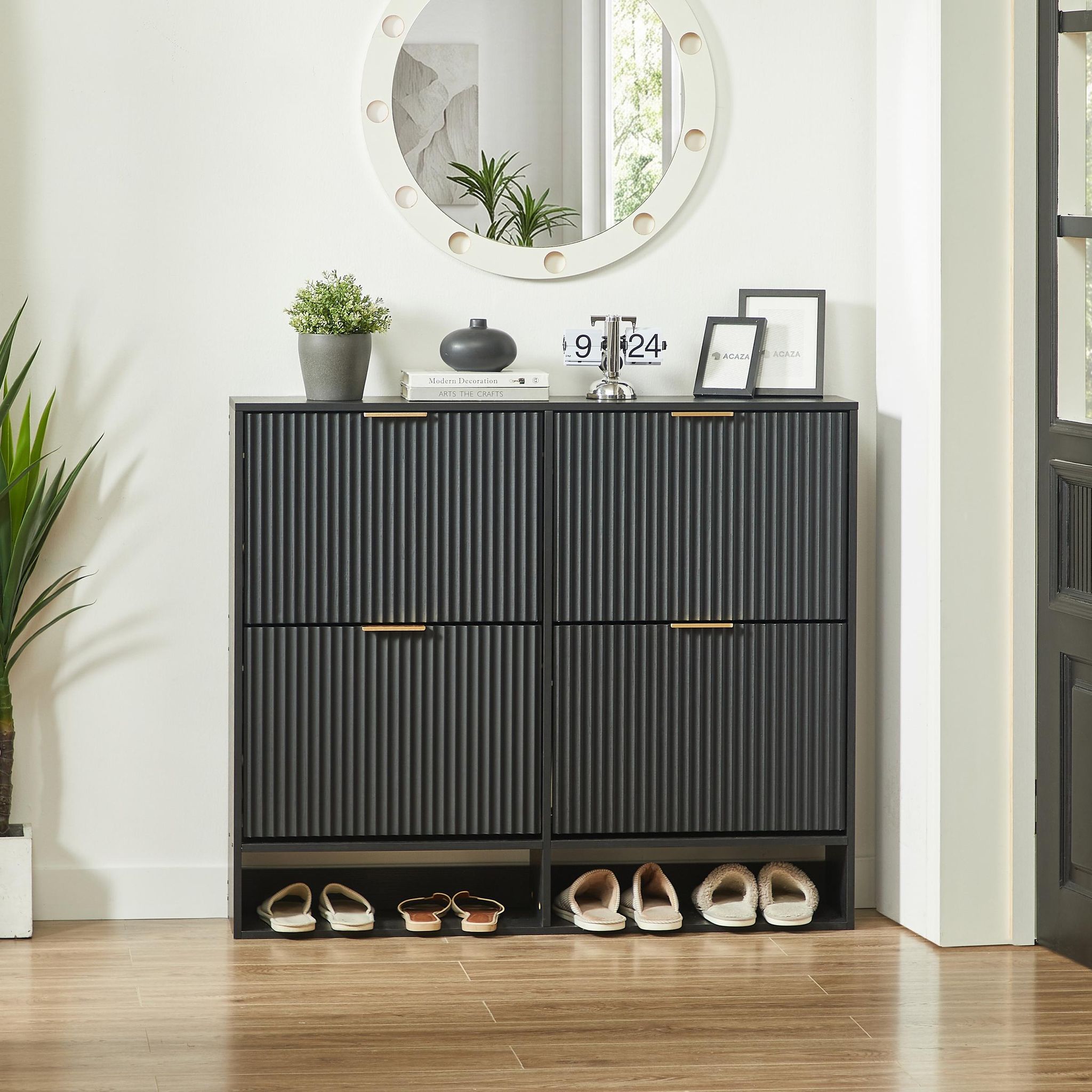 Klappbarer Schuhschrank, 120x24x102 Cm, Schmaler Platzsparender Eingangsschrank, Mdf Mit Geriffelter Front Und Herausnehmbaren Einlegeböden, Schwarz