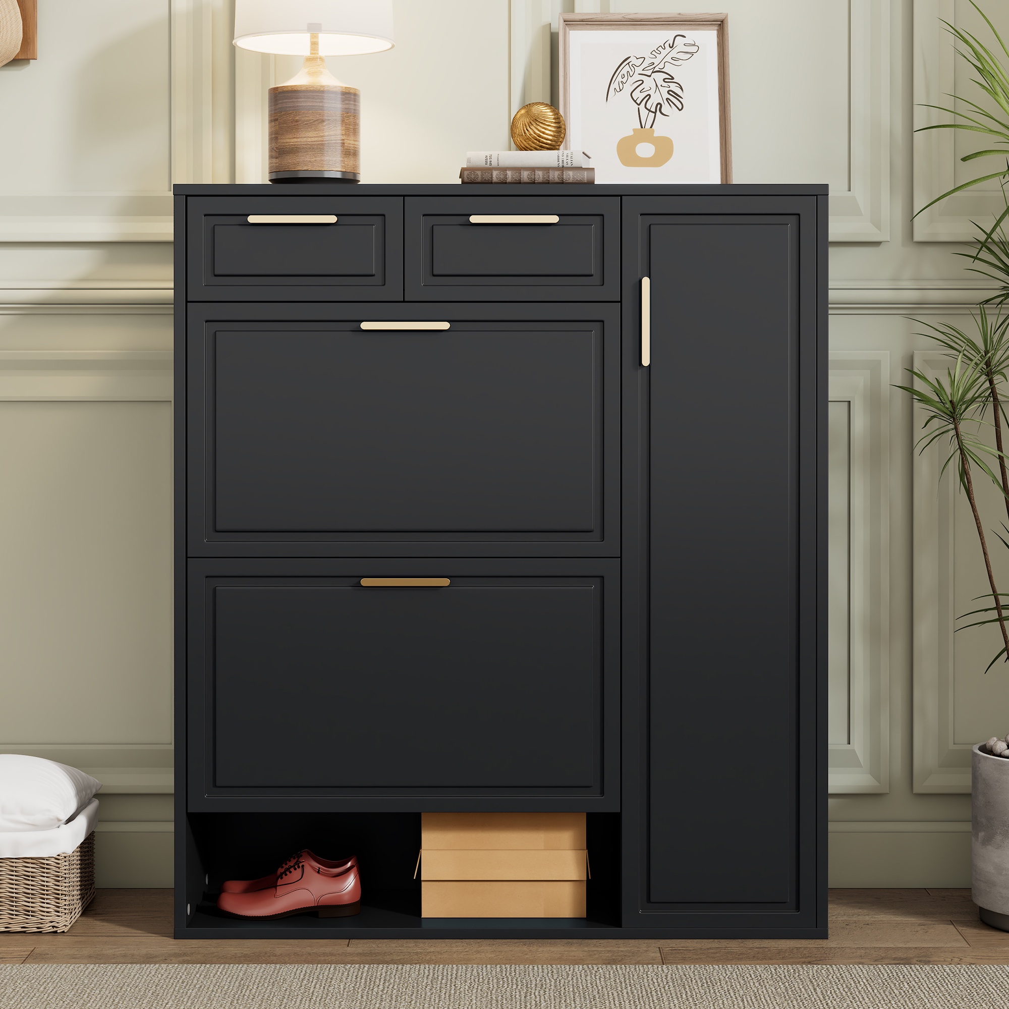 Schuhschrank, 95x24x107 Cm, Aufbewahrungsschrank Für Den Eingangsbereich Mit Schubladen Und Drehtüren, Schuhregal Mit Goldenen Griffen, Schwarz