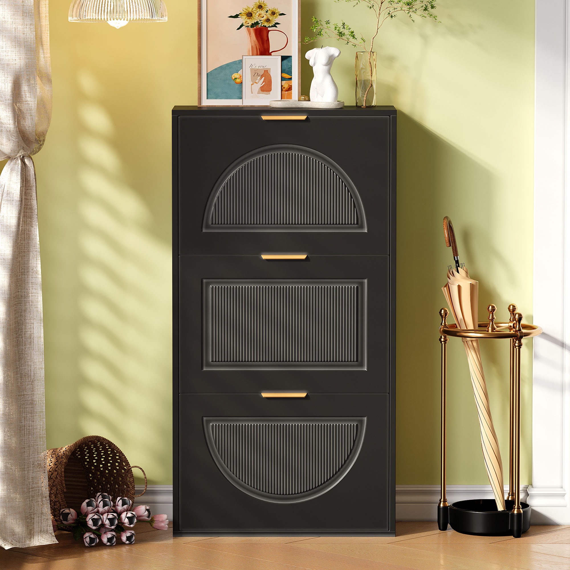 Schuhschrank Slim, 60x24x114 Cm, Stauraummöbel Für Den Eingangsbereich Mit 3 Klappen, Modernes Mdf-design, Schwarz