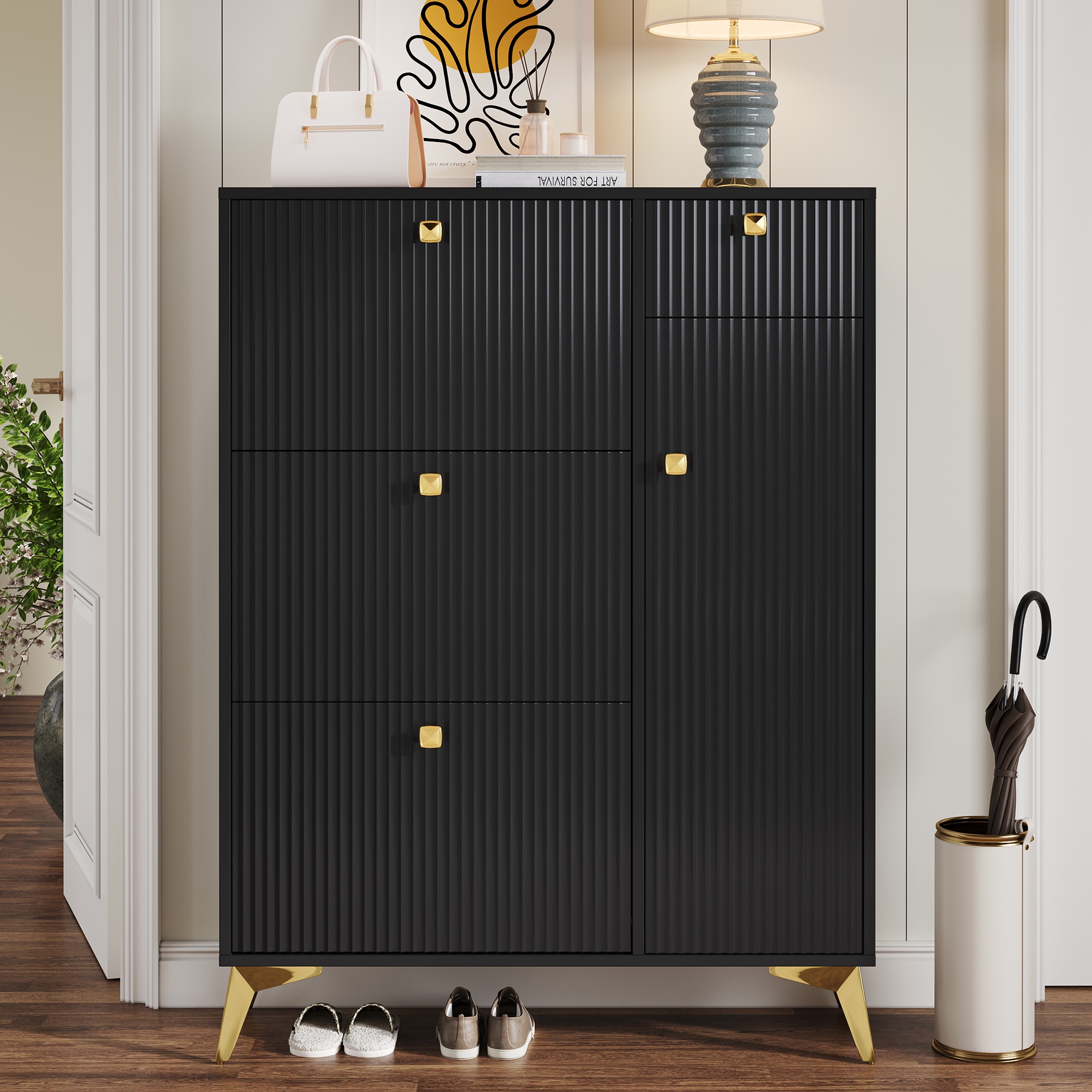 Schuhschrank, 121x90x25 Cm, Schuhschrank Für Den Eingangsbereich, Schmaler Schuhorganizer Mit 3 Klappfächern, 1 Schublade Und 1 Tür, Wellendesign, Schwarz