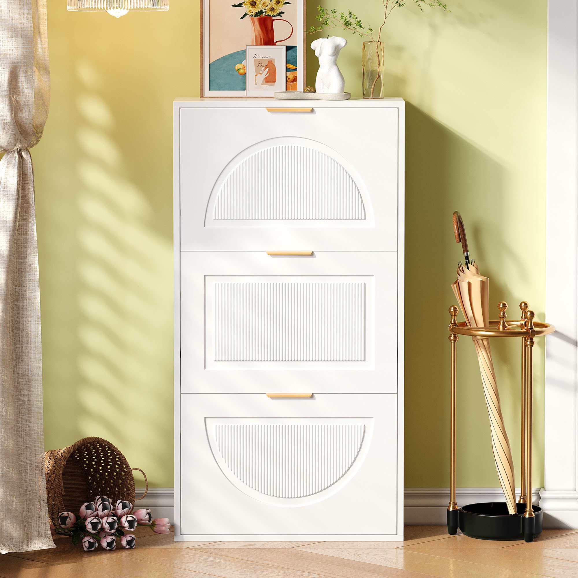 Platzsparender Schuhschrank, 60x24x114 Cm, Schmaler Schuhkipper Für Eingangsbereich Und Flur, Modernes Mdf Mit 3 Klappen, Weiß