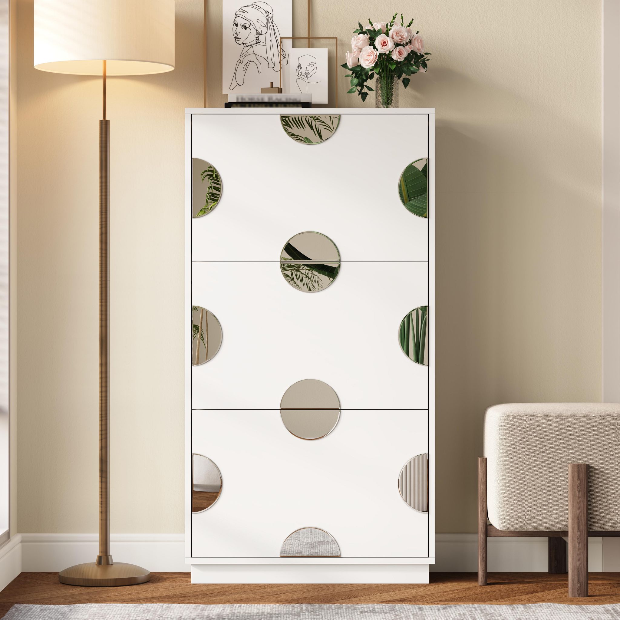 Schuhschrank, 63x24x120 Cm, Platzsparender Dielenschrank Mit Rundem Spiegel, Modernes Mdf Mit 3 Klappen, Weiß