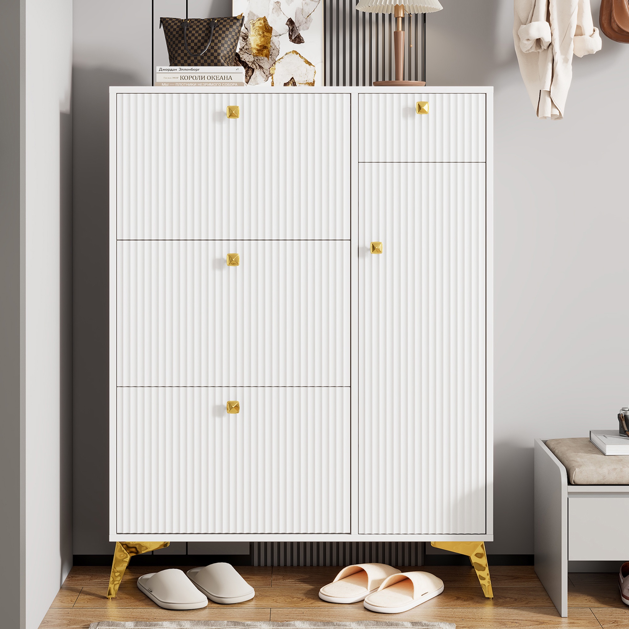 Schuhschrank, 90x25x121 Cm, Platzsparende Aufbewahrung Für Schmale Eingänge, Mit 3 Klapptüren, 1 Schublade Und 1 Holz-metall-tür, Weiß