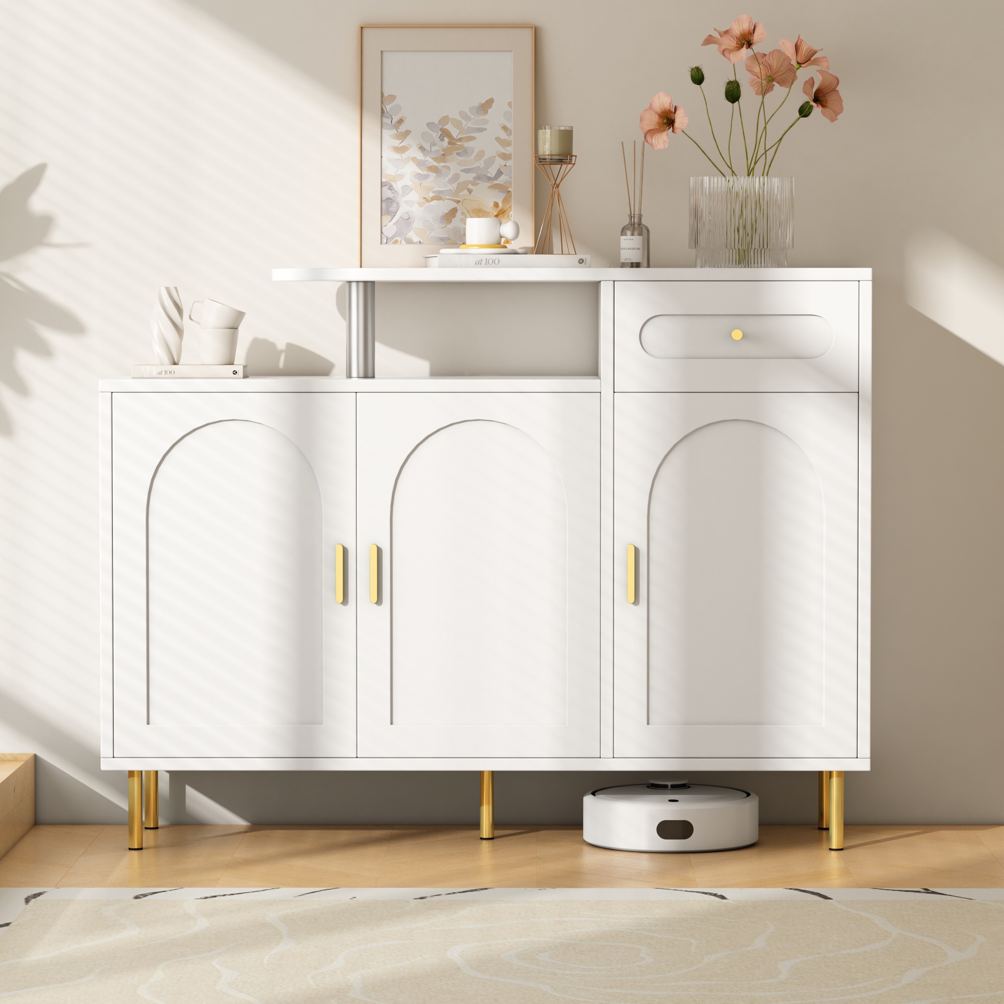 Sideboard Kommode Schuhschrank, 120x92x35 Cm, Aufbewahrungsmöbel Für Wohnzimmer, Eingang Und Küche, 3 Türen Und 1 Schublade Mit Metallfüßen, Weiß