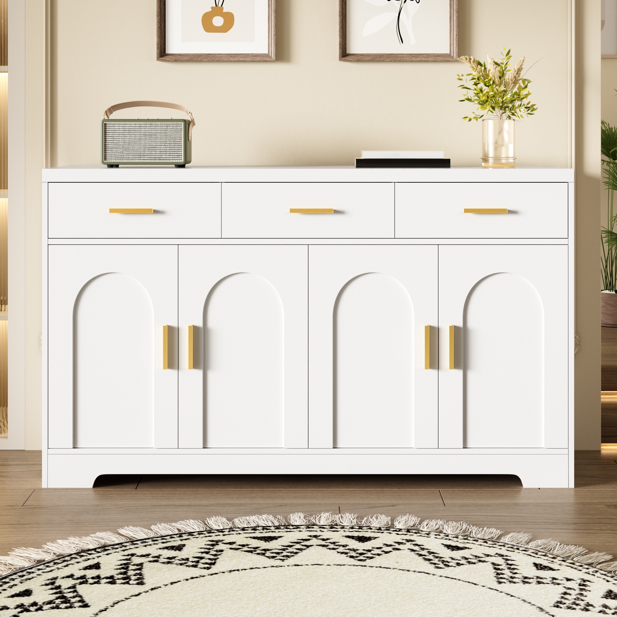 Lowboard Küche Und Wohnzimmer, 140x40x83 Cm, Modernes Aufbewahrungsmöbel Mit 4 Gewölbten Türen Und 3 Schubladen, Sideboard Mit Verstellbaren Einlegeböden, Weiß