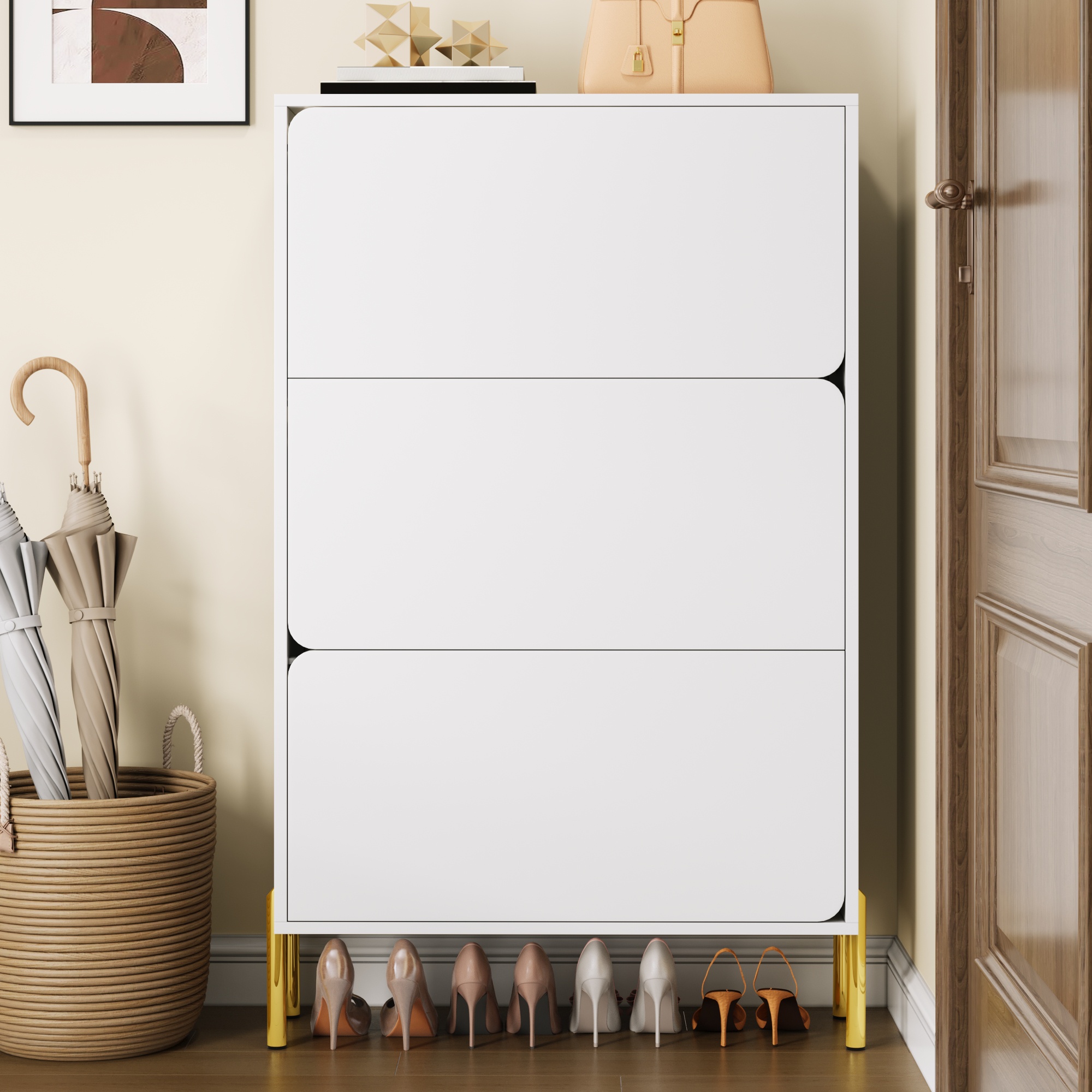 Schuhschrank, 73x24x120 Cm, Platzsparender Aufbewahrungsschrank Für Den Eingangsbereich, Modernes Mdf Mit 3 Klappen Und Goldfarbenen Füßen, Weiß