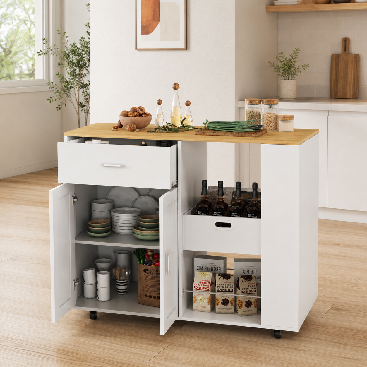 Mobile Kücheninsel 102 × 46 × 92 Cm, Küchenwagen Auf Rollen Mit Stauraum, Platzsparendes Küchenmöbel, Arbeitsplatte In Eichenoptik Und Mdf, Weiß