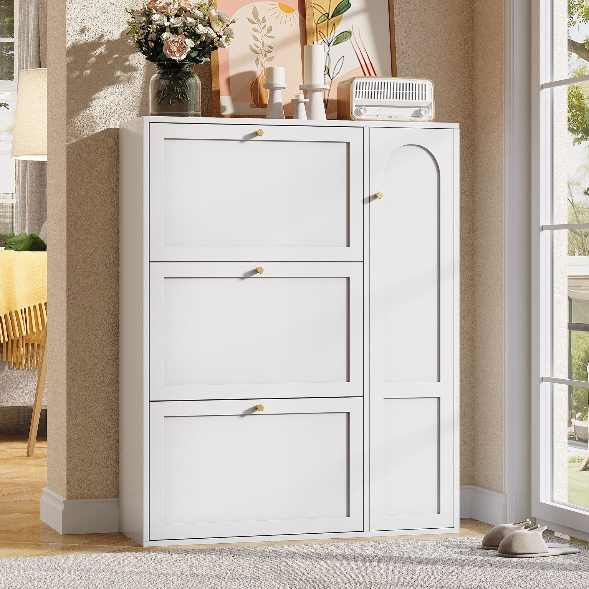 Schuhschrank, 90x25x114 Cm, Schmaler Und Platzsparender Schuhschrank Für Den Eingangsbereich, Mdf Und Spanplatte Mit 3 Klappfächern Und 1 Tür, Weiß