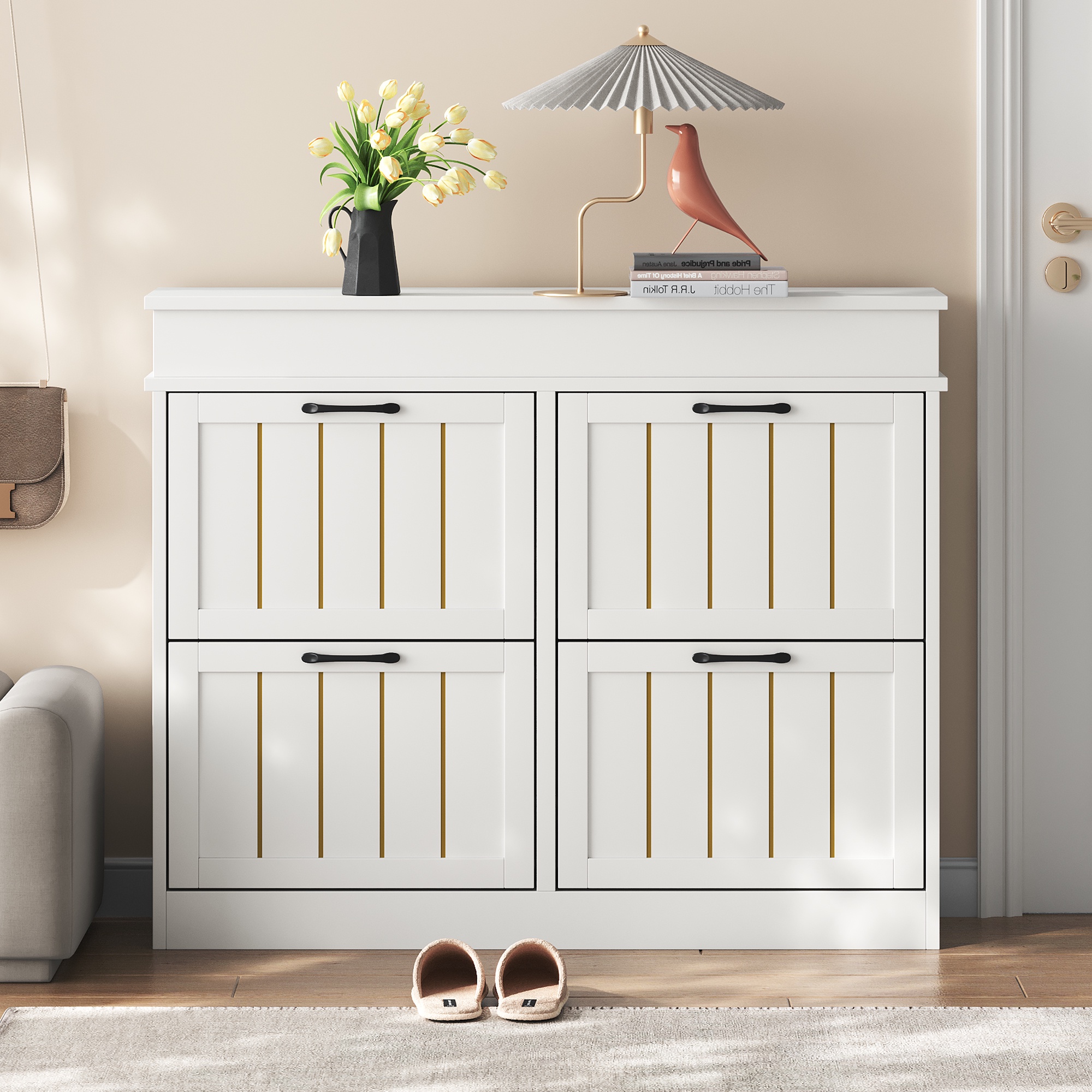 Schuhschrank, 105x24x83 Cm, Platzsparender Aufbewahrungsschrank Für Eingang Und Flur, 4 Klapptüren Mit 8 Fächern, Weiß
