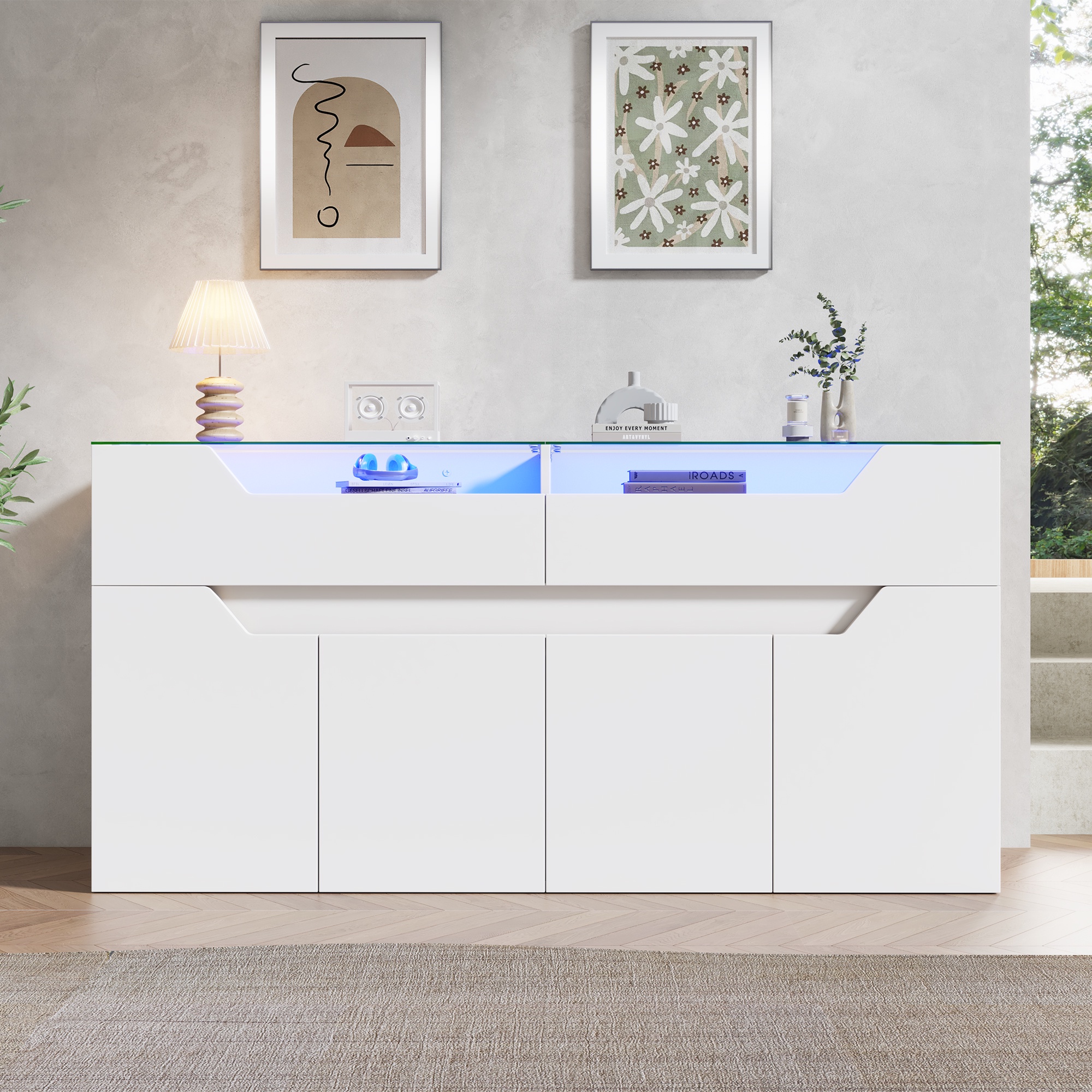 Lowboard Küche, 140x40x70 Cm, Kommode Mit Led-beleuchtung Und Gehärteter Glasplatte, Sideboard Mit 2 Schubladen Für Wohnzimmer Und Esszimmer, Weiß